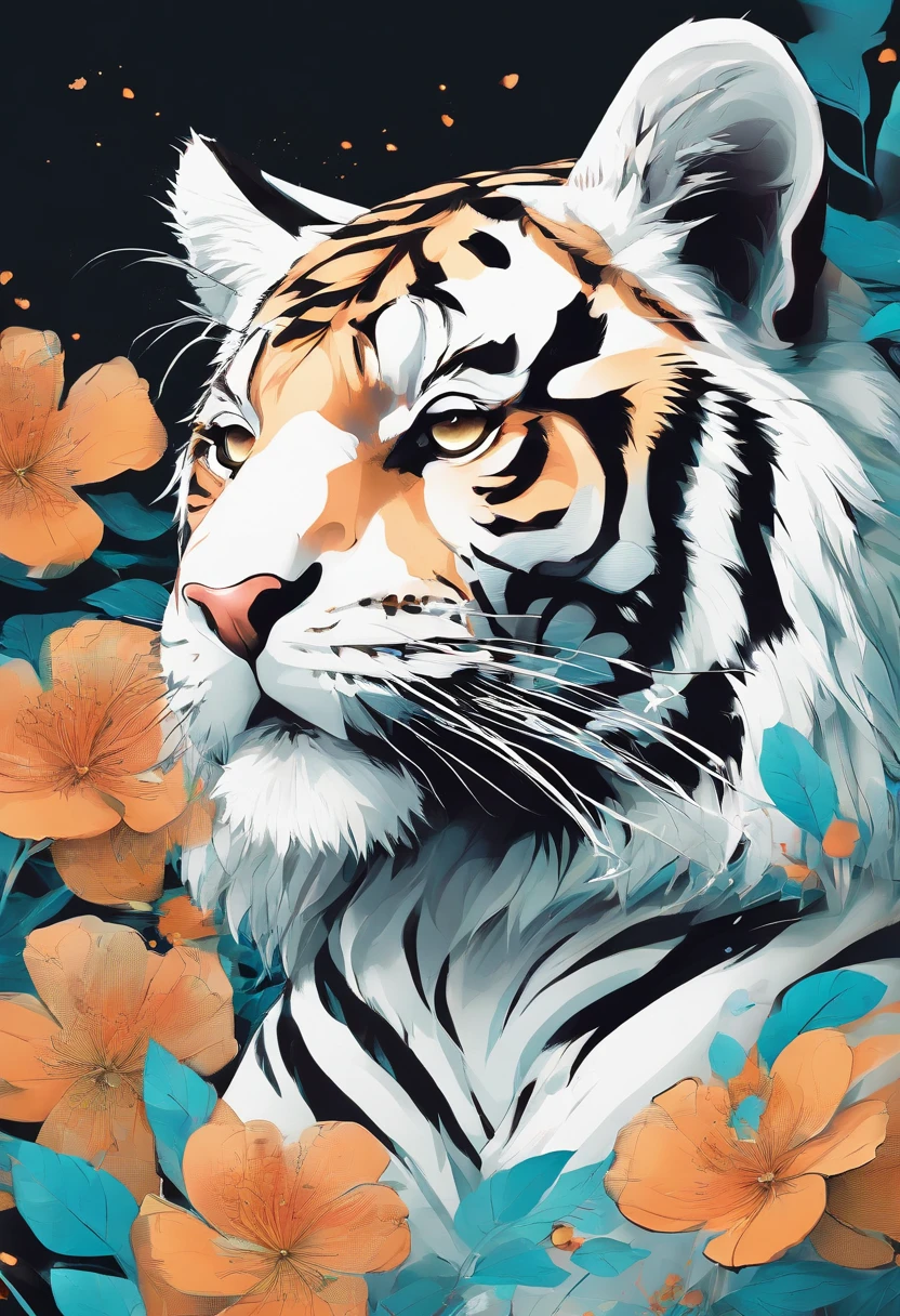 kawaii tiger，white background，flat style，in the style of digital painting，light cyan and light amber，contest winner，32k uhd，playful caricatures，furry art，bold，manga-inspired characters--ar3：4