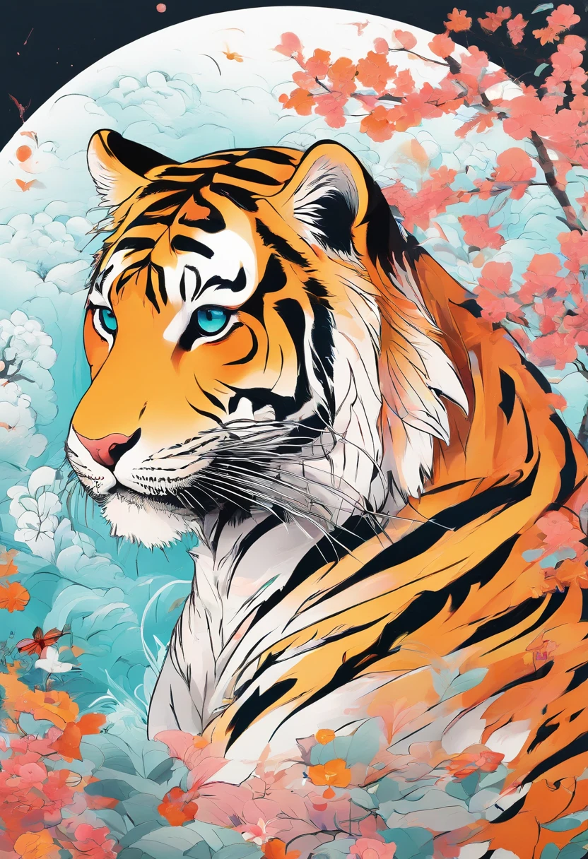 kawaii tiger,white background,flat style,in the style of digital painting,light cyan and light amber,contest winner,32k uhd,playful caricatures,furry art,bold,manga-inspired characters--ar3:4