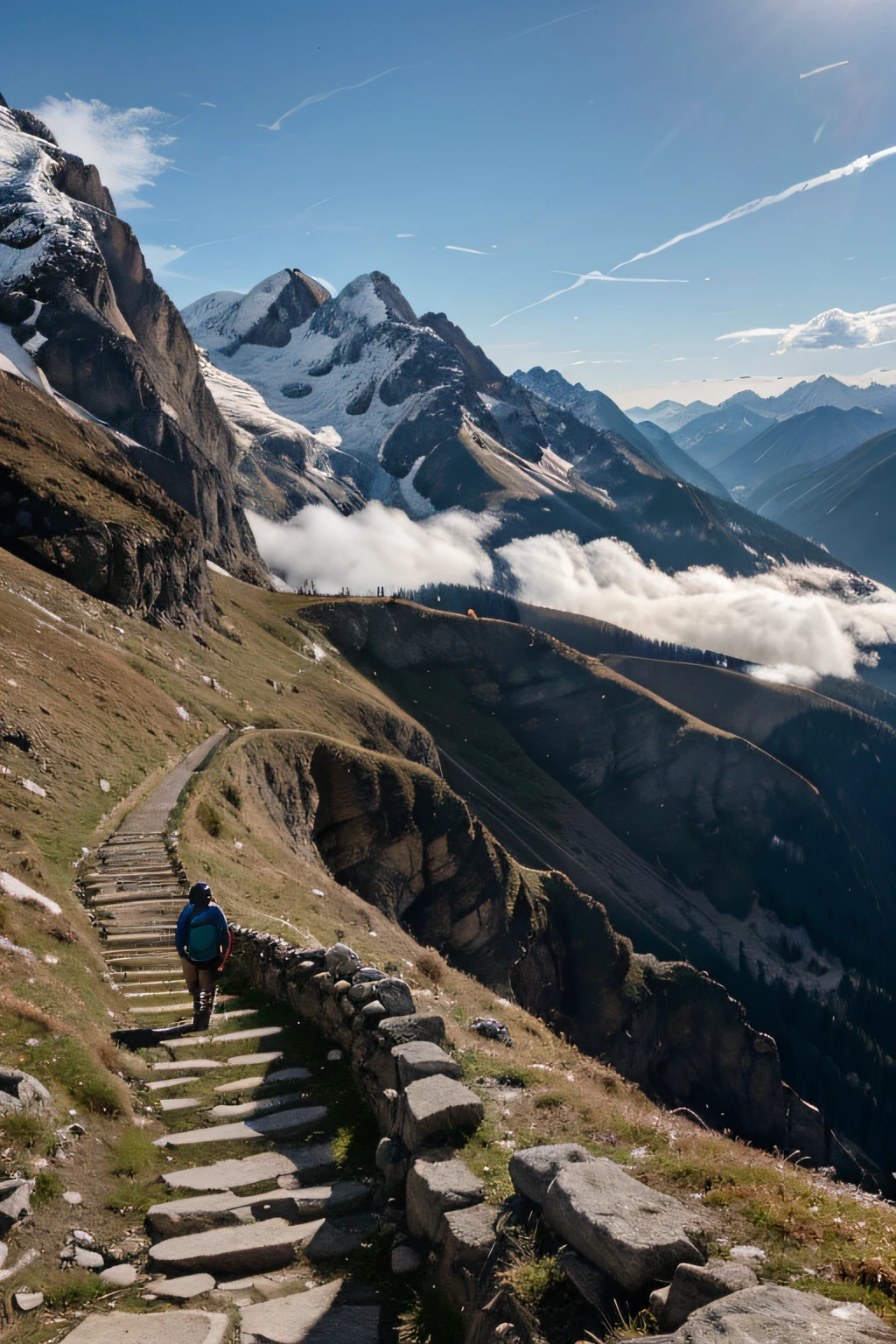 In a serene pause on the steep mountain path, the hiker inhales deeply, drawing strength from the crisp mountain air. The towering peaks around them serve as a powerful symbol of our capacity to discover our courage and true potential in the midst of adversity.