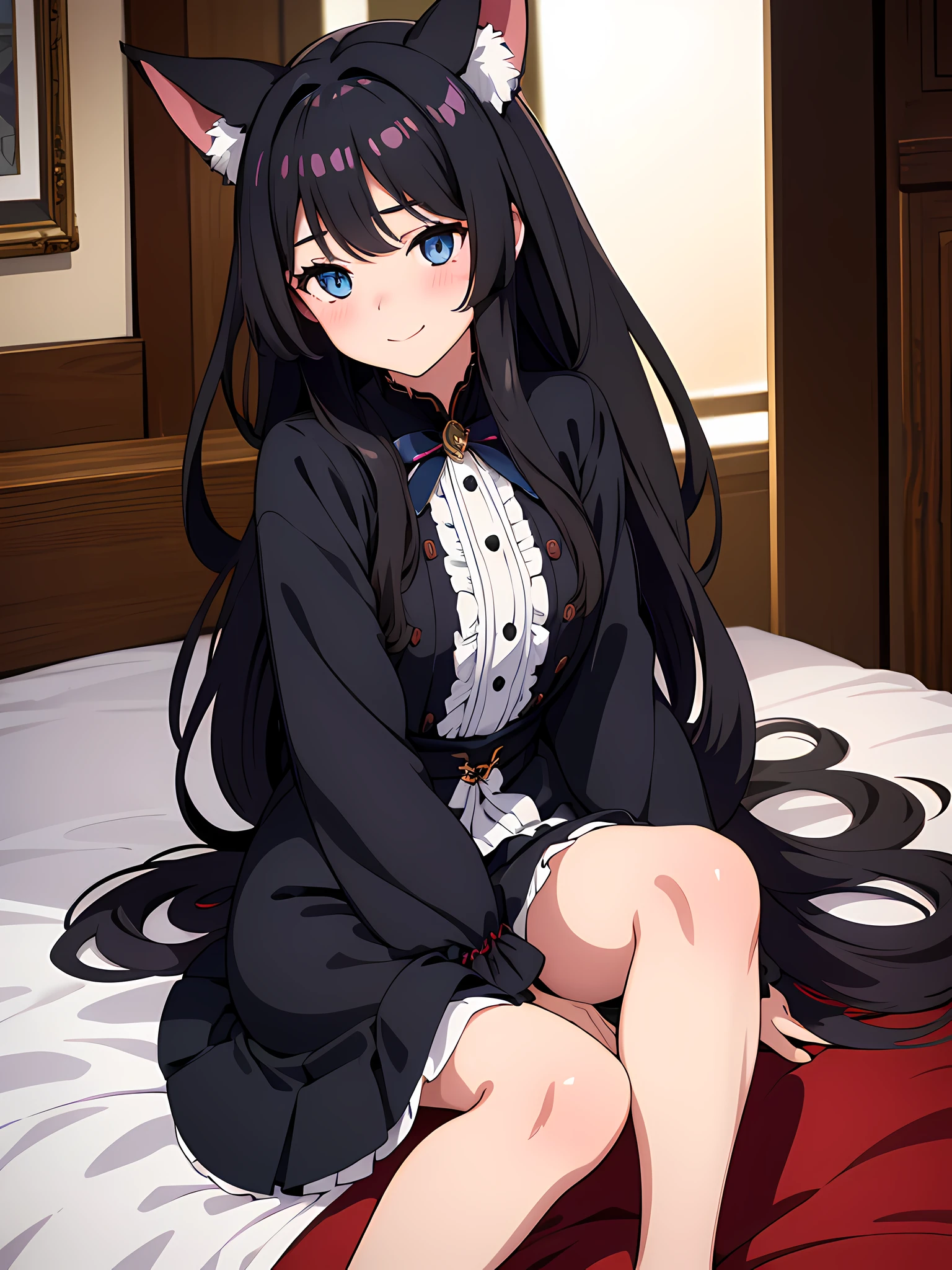 1 fox eared girl, (beautiful eyes finely detailed, Face to detail, black hair color, long hair), wearing 16th century outfit, long skirt, sitting on bed, mischievous facial expression, smiling, blush on her face, full body, masterpiece sidelighting, ​masterpiece, top-quality, detailed, High resolution illustration