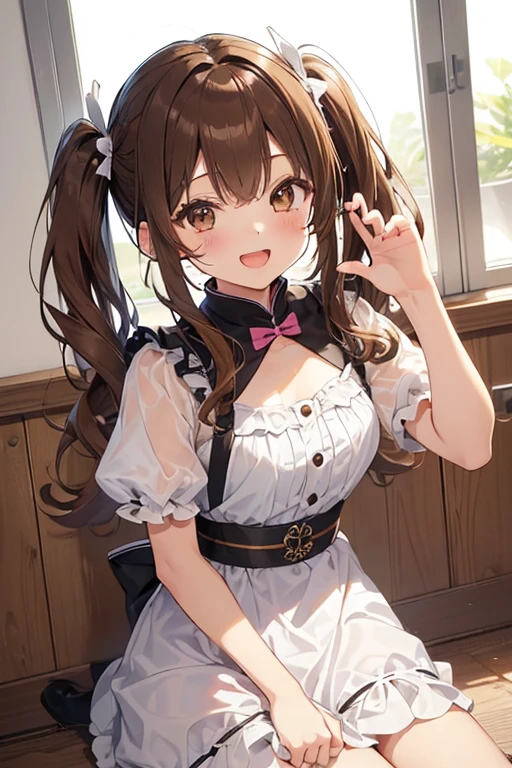 (Highest quality illustrations:1.2), (Kawaii Girl:1.1), (1girl in, 独奏:1.5), (1girl in、ars、childish、One pose、cute little、Neat and clean image、tiny chest:1.5、ultradetailed eyes:1.2)、(small tits,flat breast:1.1)、((Brown-eyed、Brown hair:1.5))、(shorth hair)、hair wavy、curlyhair、bangss、low twintails、short twintails、 (Princess Scorplie)、,The upper part of the body、huge smile、Open mouth、hi、Brown hair、shorth hair、hair wavy、low twintails、BREAK(top-quality、ultra-detailliert、highly detailed and beautiful、超A high resolution、Detailed arm:1.2)、a closeup、bustup, Wink
