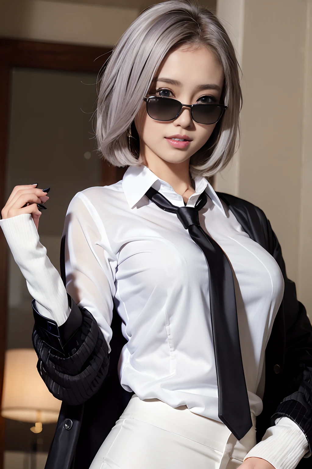 Masterpiece, 8K, award-winning photos, photorealistic, realistic, ultra detailed, ultra high definition, ray tracung,
__
the most beautiful, 22 years old ,(sexy,Japanese idol, gray hair, short hair),shiny skin , detailed skin , detailed face , detailed eyes ,
__
cleavage showing,
__
BREAK (droopy eyes, Natural makeup, embarrassed ,smile, glistening teeth1.2),
__
glowing blue eyes, tan skin,
__
BREAK
//fashion
(formal suit (long sleeves black jacket), (white collared shirt), (black necktie), (black pants:1.3), (shirt tucked in):1.5), ((Sunglasses:1.3)),
BREAK
__
,at a shopping mall, highly detailed background, , ultra-realistic textures, dramatic lighting ,raw photo, 1girl,