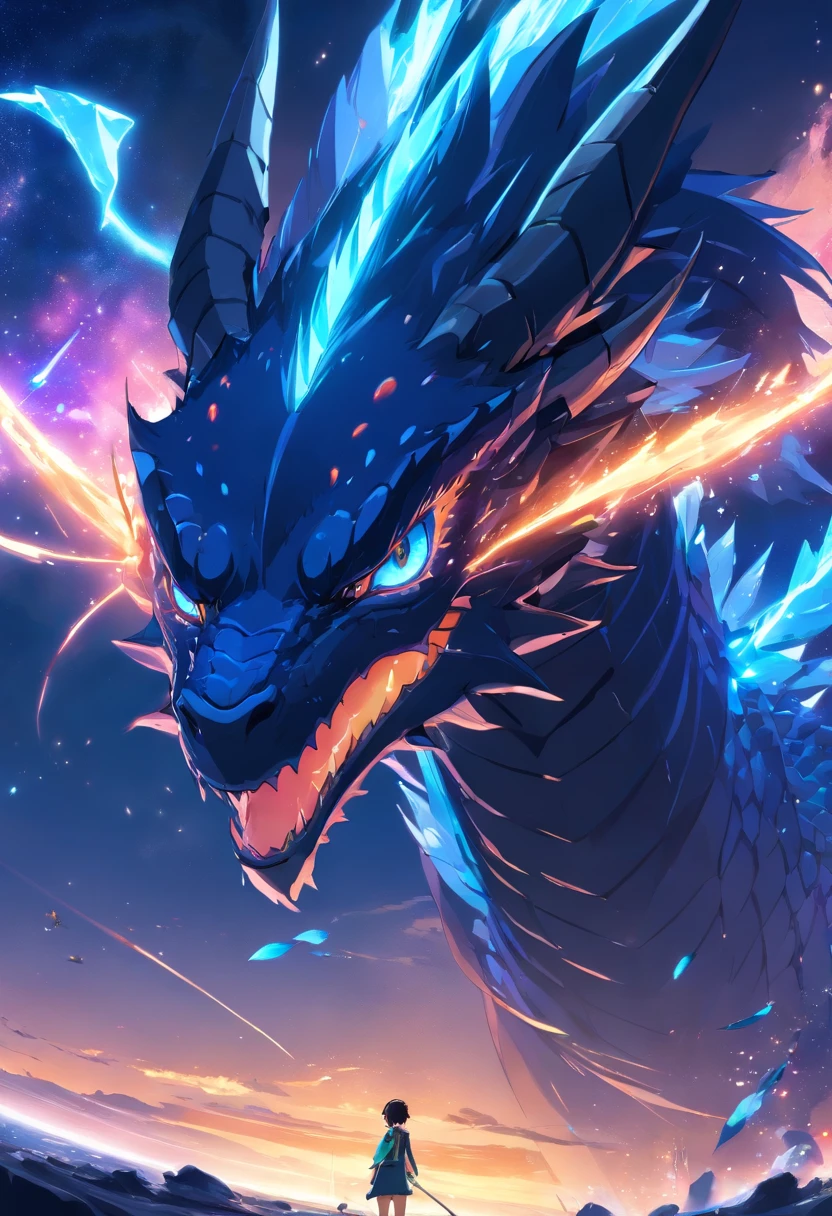 Black dragon close-up, deep, bright blue eyes, Winged, planets on the background, epic fantasy sci fi illustration, epic fantasy digital art style, Dark colors are mainly black and blue, epic scifi fantasy art, 4K fantasy art, Amazing Space Creature 4 K, Fantasy Planet, wide angle fantasy art, 8k fantasy art, concept art wallpaper 4k, epic fantasy illustration, epic fantasy digital art, Stunning 8K artwork