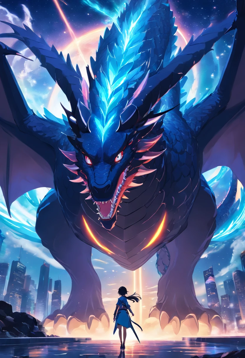 Black dragon close-up, deep, bright blue eyes, Winged, planets on the background, epic fantasy sci fi illustration, epic fantasy digital art style, Dark colors are mainly black and blue, epic scifi fantasy art, 4K fantasy art, Amazing Space Creature 4 K, Fantasy Planet, wide angle fantasy art, 8k fantasy art, concept art wallpaper 4k, epic fantasy illustration, epic fantasy digital art, Stunning 8K artwork