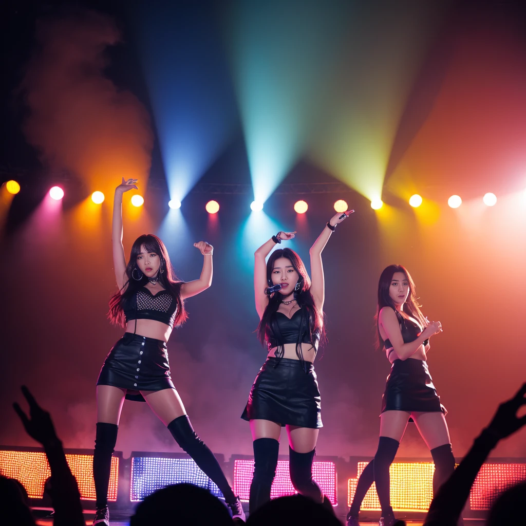K-pop idols performing on stage, black short tight dresses, song performance, Kpop girl group, riotous atmosphere, stage above the hall, (best quality, 8k, 16k, highres, masterpiece:1.2), ultra-detailed, (realistic, photorealistic, photo-realistic:1.37), professional, (music:1.1, performance:1.1), dynamic lighting, (moving lights:1.1, spotlights:1.1), energetic performance, powerful vocals, enthusiastic audience, dazzling stage effects, high-energy atmosphere, (excitement, adrenaline:1.1), charismatic lead vocalist, flawless stage presence, passionate performance, vibrant stage background, (cheering audience:1.1, waving light sticks:1.1), electrifying atmosphere, captivating stage presence, (explosive, high-intensity:1.1), (pop music, catchy melodies:1.1), crowd interaction, (empowering lyrics, motivational messages:1.1).