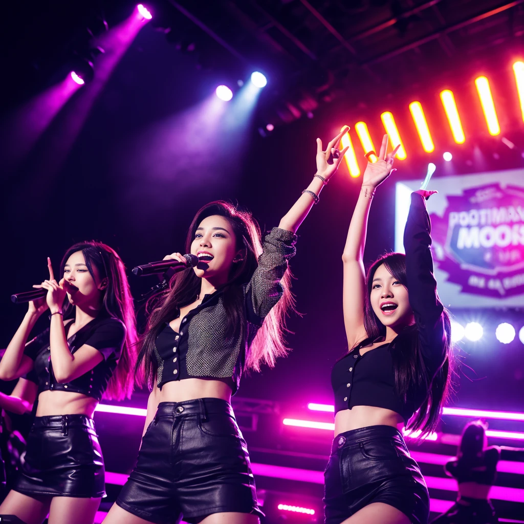 K-pop idols performing on stage, black short tight dresses, song performance, Kpop girl group, riotous atmosphere, stage above the hall, (best quality, 8k, 16k, highres, masterpiece:1.2), ultra-detailed, (realistic, photorealistic, photo-realistic:1.37), professional, (music:1.1, performance:1.1), dynamic lighting, (moving lights:1.1, spotlights:1.1), energetic performance, powerful vocals, enthusiastic audience, dazzling stage effects, high-energy atmosphere, (excitement, adrenaline:1.1), charismatic lead vocalist, flawless stage presence, passionate performance, vibrant stage background, (cheering audience:1.1, waving light sticks:1.1), electrifying atmosphere, captivating stage presence, (explosive, high-intensity:1.1), (pop music, catchy melodies:1.1), crowd interaction, (empowering lyrics, motivational messages:1.1).