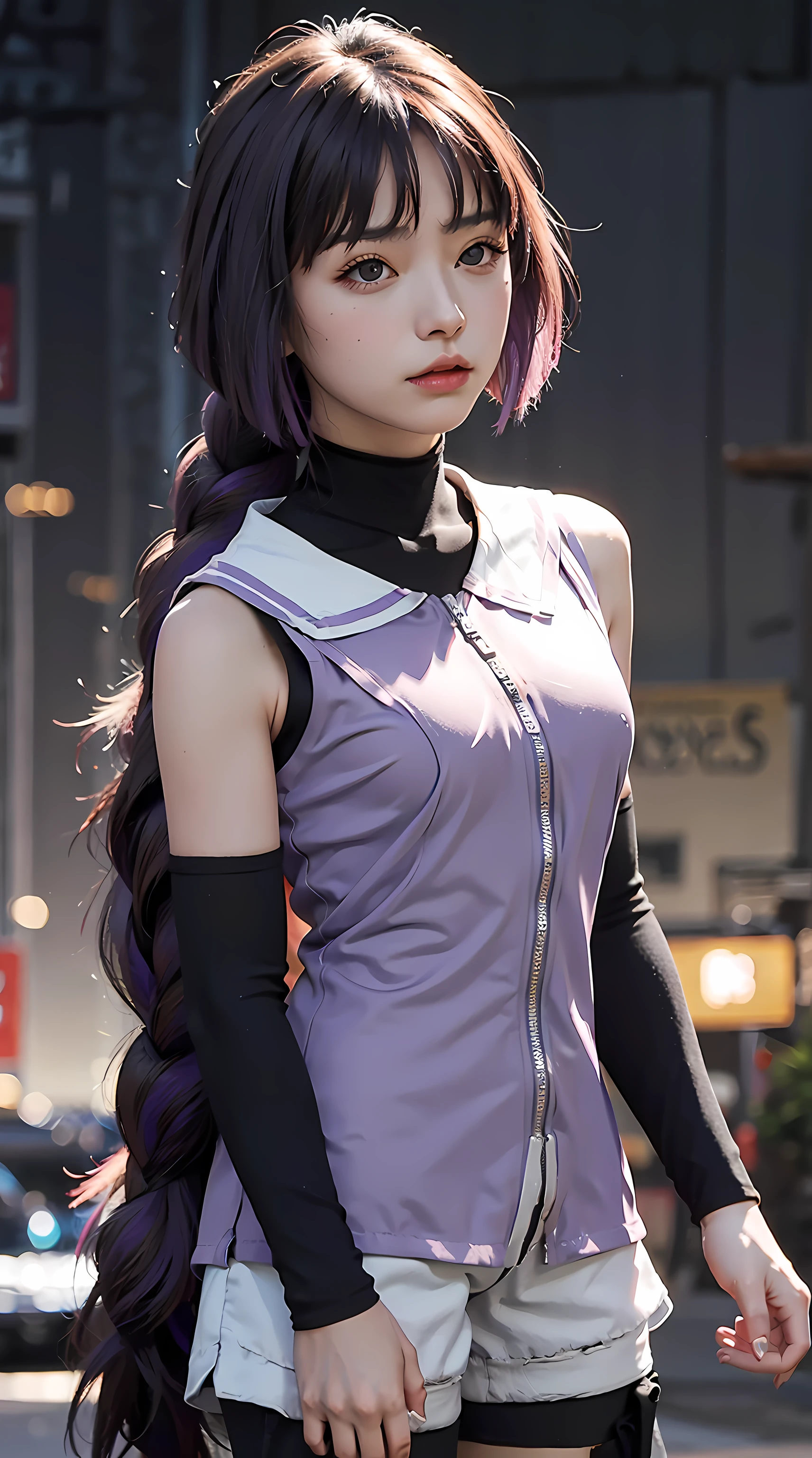(best quality), (highly detailed), masterpiece, (official art),sumire kakei, single braid, purple hair, sleeveless jacket, black shorts, wristband, black shirt, looking at viewer, city, night, sky, moon, standing, upper body, blurry background, depth of field, best quality, masterpiece, intricate details, tonemapping, sharp focus, hyper detailed, trending on Artstation,1 girl,