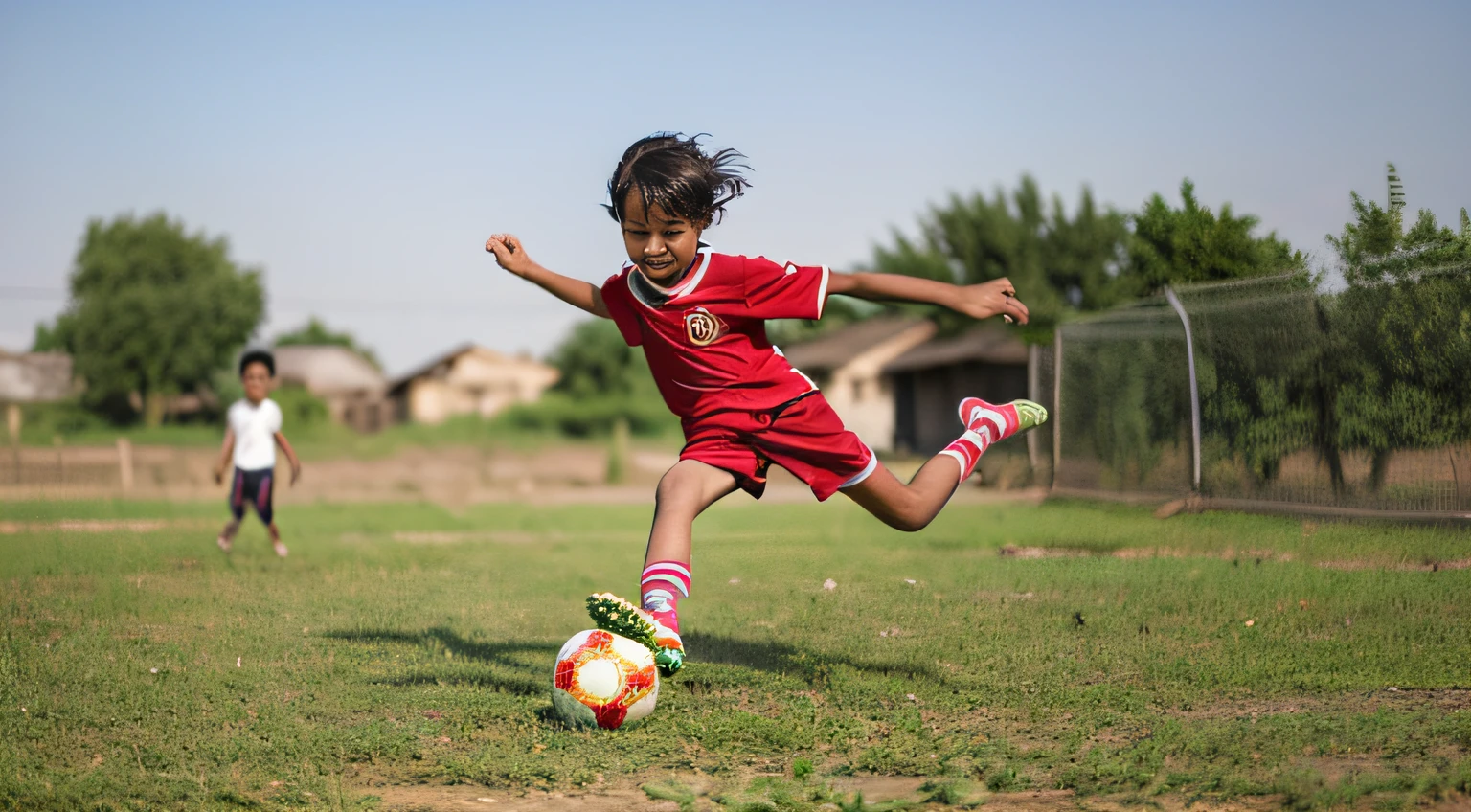 About  living in a poor village are happily playing soccer barefoot, their dreams, hopes, smiles,, (masterpiece), (best quality), (Ultra high Detailes)