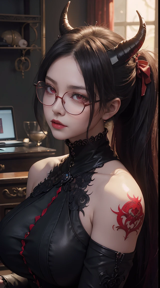 OKですか、(best illustrations)、8k UHD resolution、intricate details、highest quality、realistic、Super detailed、best writing、best shadow、soft lighting、ultra hd、Super realistic、Tyndall effect、Photoreal、(high detail skin:1.2)、 (intricate details, compensate, face to face with the children_V1:0.5), (Beautiful and delicate face in every detail, OK, beautiful and delicate eyes, perfectly proportioned face, high resolution skins, fine skin, Optimal ratio of 4 fingers and 1 thumb, arm under chest, red tattoo on lower abdomen、wonderful、wonderful, wide hips, smooth abdomen, thin and thin skin, __fashion__, __hair__:1.25)、Digital single-lens reflex camera、 absurd、1 Beautiful devil woman from hell, デヴィッド・ホックニーとアルフォンス・ミュシャによる超realistic女性のポートレート, Portrait of a seductive woman、fantasy art, Chinese humanoid robot、chinese actress、dungeon、dragon、devil&#39;palace of、devil&#39;torture chamber、night、dark style 、in the dark、(detailed spooky background:0.8), magic、 1 girl、evil nun、dark necromancer、Succubus、devil&#39;Daughter of、Umi Shinonome、bat wings，(((devil&#39;Horn)))、 ((((giant glasses, otaku glasses, thick glasses, round glasses)))),(((big breasts)))、(devil&#39;Tail)、(red eyes shine:1.6)、The eyes are very sharp and detailed, Your eyes are made up so beautifully, ((red eyes:1.0)),intricate tattoo, demonic intricate tattoo, thigh tattoo, body tattoo, masterpiece、the most beautiful face、baby face、cute smile、A captivating body and plump red lips are beautiful。、devil&#39;seductive body、devil style、enchanting black magic costume、The long-haired、Braid、Black hair、Ponytail distortion、, Ponytail with a bow tied at the back of the hair, beautiful expression、body up、big breasts emphasis、bust,  super tight chest, Breast augmentation surgery, Breasts are very big and round,tight waist、wide ass、 private key, cowboy lens, (red phoenix dress: 1.0),  devil&#39;Crown of,  Red Gemstone Necklace、Jewelry Gwise,  wearing black mesh socks,wearing light red、nffsw, nffsw, Meeting beautiful girls, look at the girl&#39;body of,