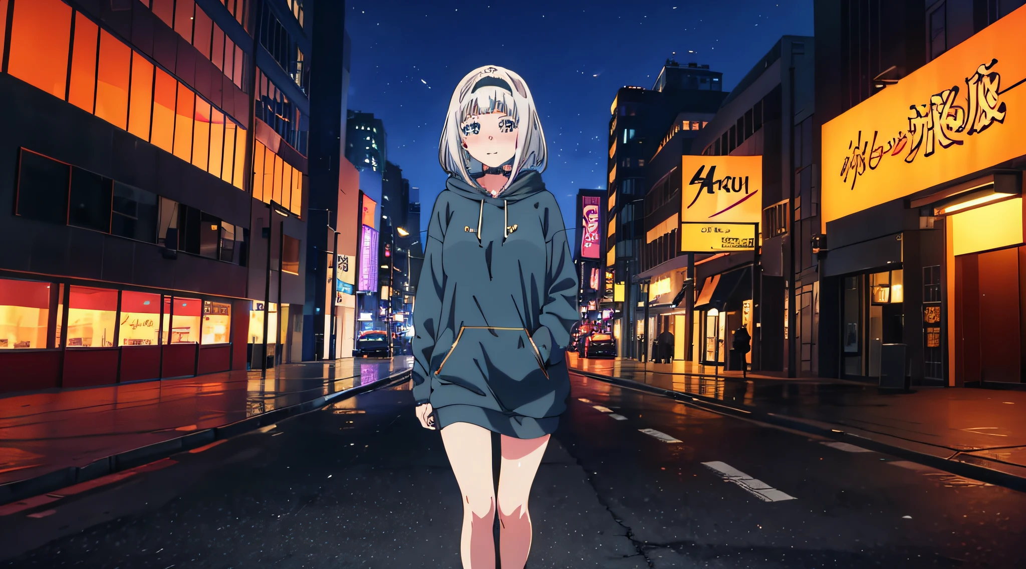 Downtown in the evening, Bright orange color, anime style 4 k, best anime 4k konachan wallpaper, badass anime 8 K, anime moe art style, 4k anime wallpaper, Anime art wallpaper 8k, 4 k manga wallpaper, anime art wallpaper 4k, anime art wallpaper 4k, anime wallpaper 4k, anime wallpaper 4 k,one girls,Wearing a large hoodie,face perfect,perfect bodies,Slightly blushing look