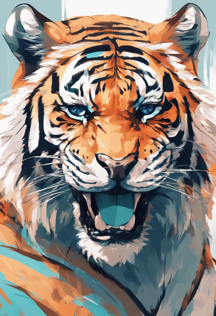 kawaii tiger,white background,flat style,in the style of digital painting,light cyan and light amber,contest winner,32k uhd,playful caricatures,furry art,bold,manga-inspired characters--ar3:4