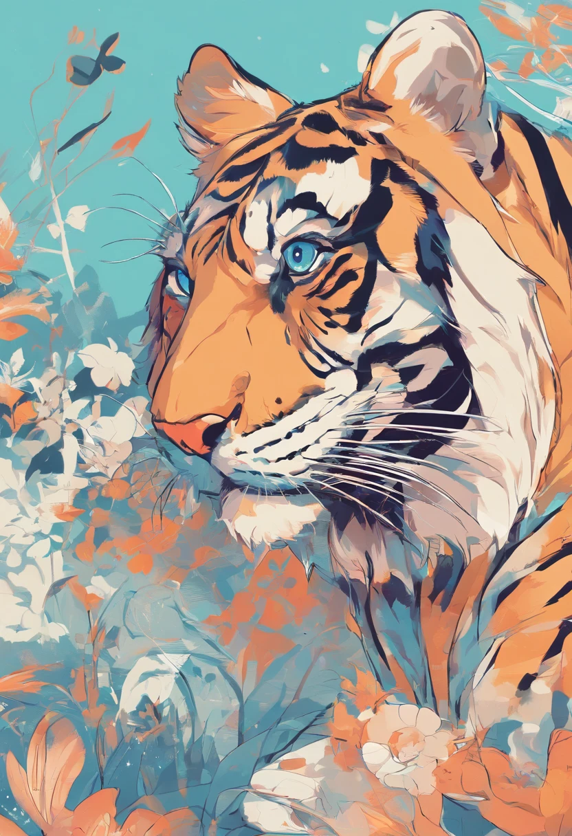 kawaii tiger,white background,flat style,in the style of digital painting,light cyan and light amber,contest winner,32k uhd,playful caricatures,furry art,bold,manga-inspired characters--ar3:4