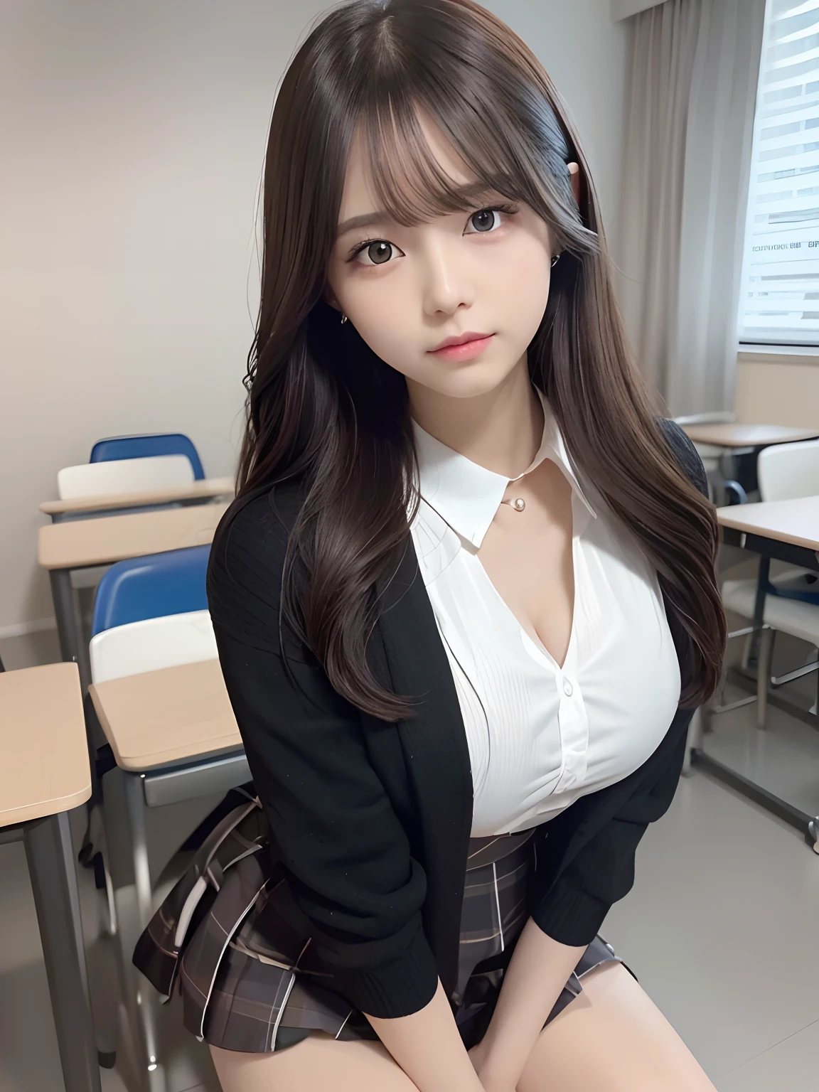 tmasterpiece，top-quality，offcial art，Highly detailed CG Unity 8K wallpapers，female high-school student，Very delicate beautiful，超A high resolution，（realisticlying：1.4），Golden Hour Lighting，（full body Esbian），in class room，（Platinum Shorthair：0.8），（Pretty eyes），looking at viewert，Facing Front，ssmile，JK Skirt，Petite bust，high-school uniform，The shirt boosts long black hair，（chiayi：1.5）， closeup cleavage， tmasterpiece， best qualtiy， RAW photogr， realisticlying， faces， incredibly absurd res， depth of fields， hight resolution， ultra - detailed， finedetail， Very detailed， extremely detailed eye and face， Sharp pupils， pupil realistic， tack sharp focus， cinmatic lighting