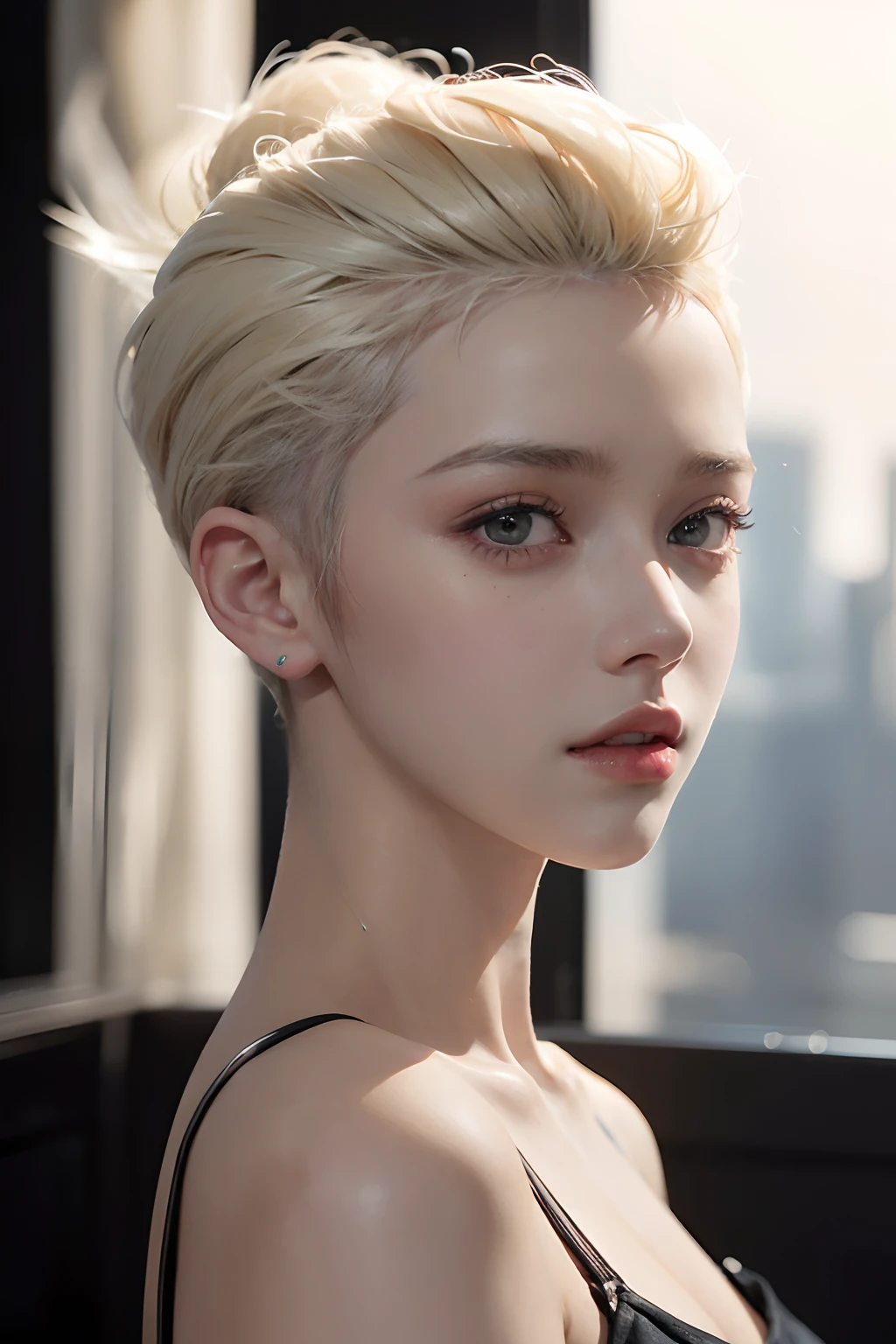 a 20 yo woman, blonde, (hi-top fade:1.3), dark theme, soothing tones, muted colors, high contrast, (natural skin texture, hyperrealism, soft light, sharp)