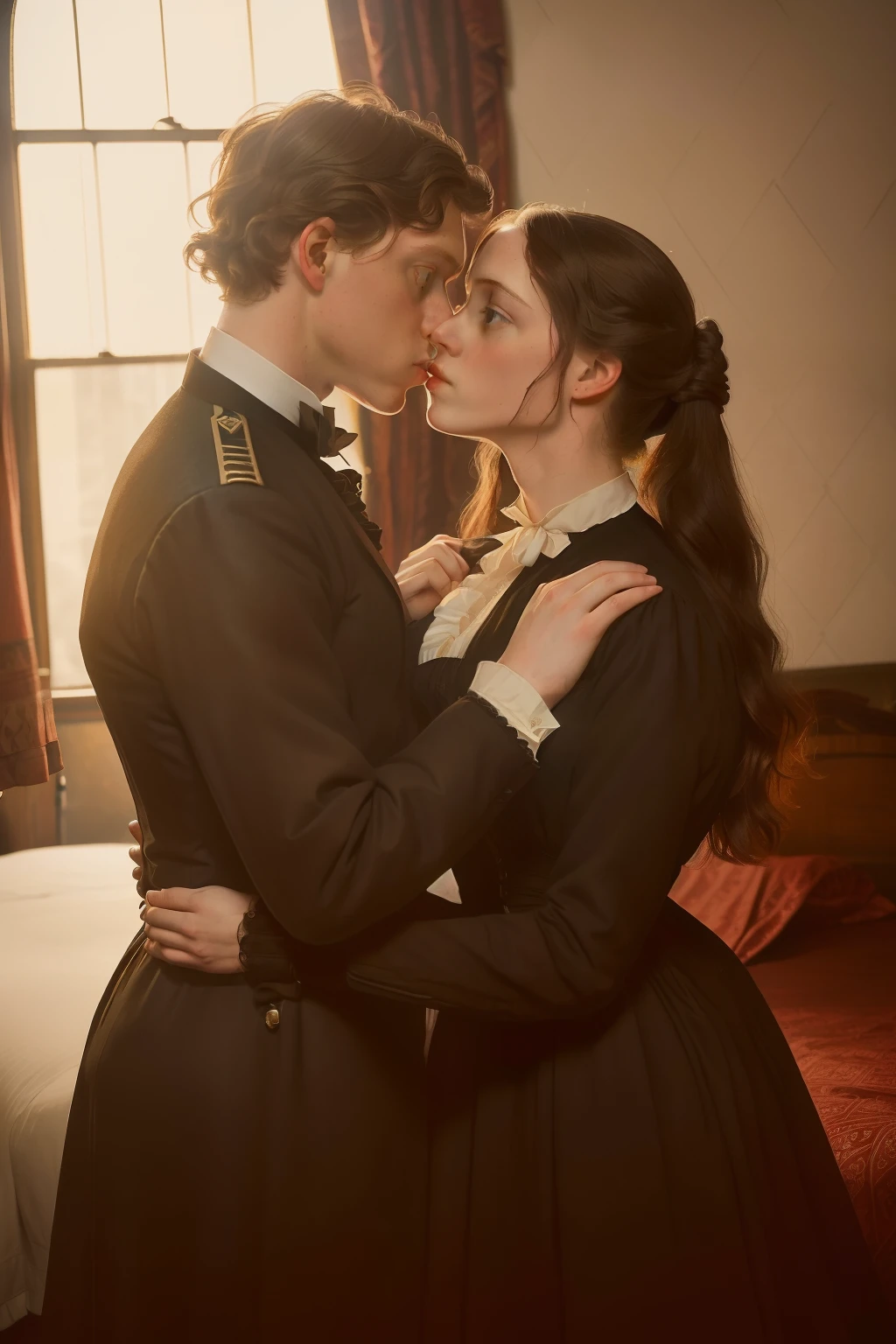year: 1864. Location: Chicago. Pre-Raphaelite (((21-year-old George MacKay))), with a 24-year-old woman, hotel room, (((kissing))), ((((Clothing from the 1860s)))) ((Hairstyle of the 1860s)), ((("OMITB" cinematography)))