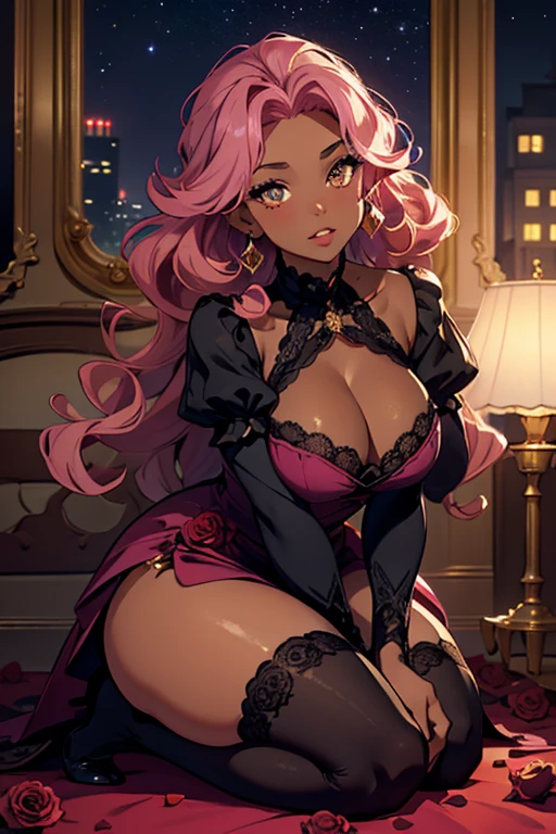 1fille, (Best quality:1.1), (Masterpiece:1.4), portrait, 1fille, (cheveux volumineux)+ , ((curly hair))++, cheveux longs, ((dark skinned))++, (((cheveux roses ))), (golden eyes), Cheveux courts, Gros Seins, Pink Hair , (big lips)+, evening dress, Party Dress , Short Dress , Bas en dentelles, black stockings , peau brillante, Brillant, starry night , pleine lune, Decor Urbain, Bas dentelle, Fioritures, pose dynamique, seiza