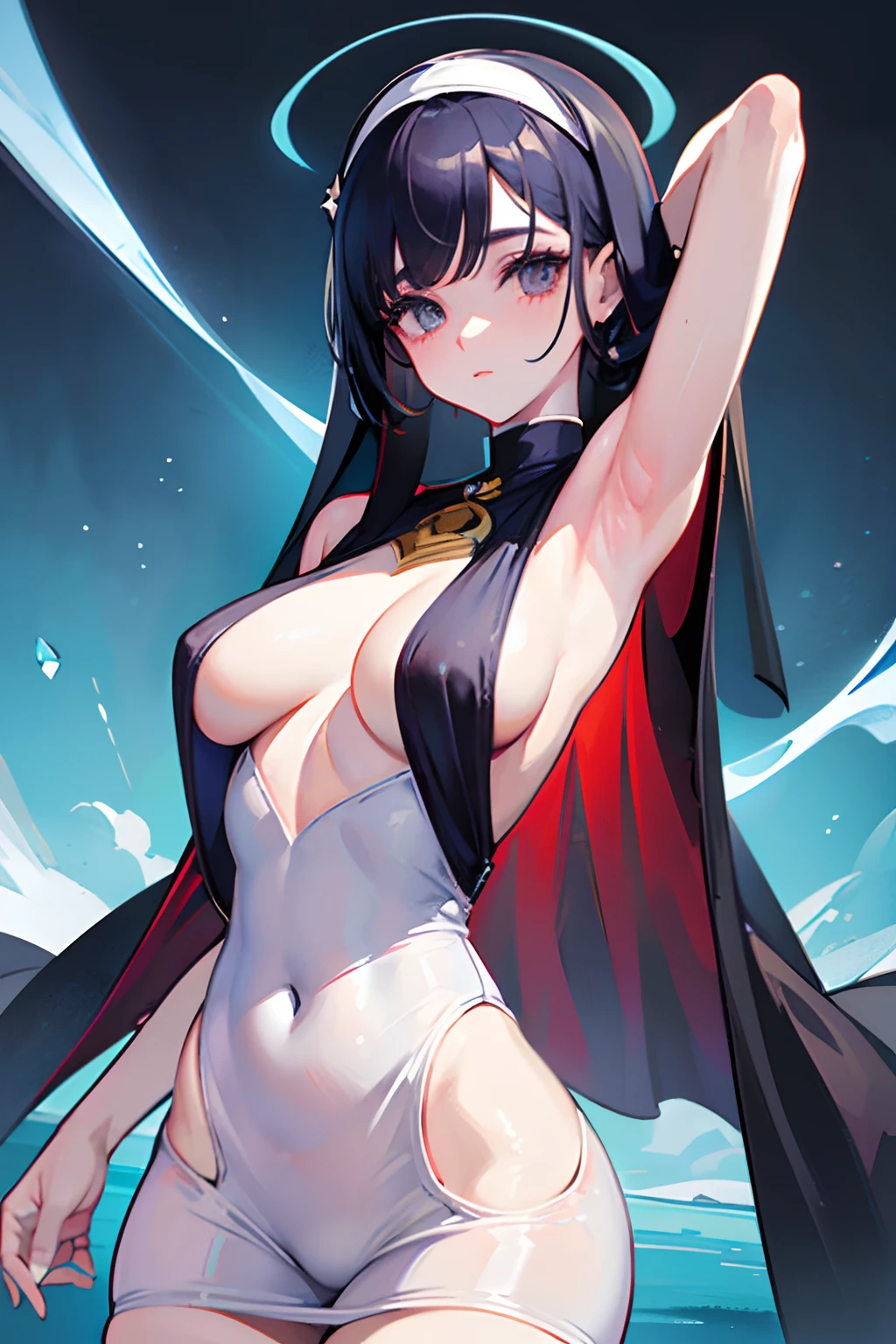 junior nun cosplayer, fashion design clothes, see through clothes, showing armpits detailed, narrow belly button, close up, figure body shape in perfect ratio, breast exposing, hentai comic art style, masterpieces, ultra lighting effect, holy aura, shy face