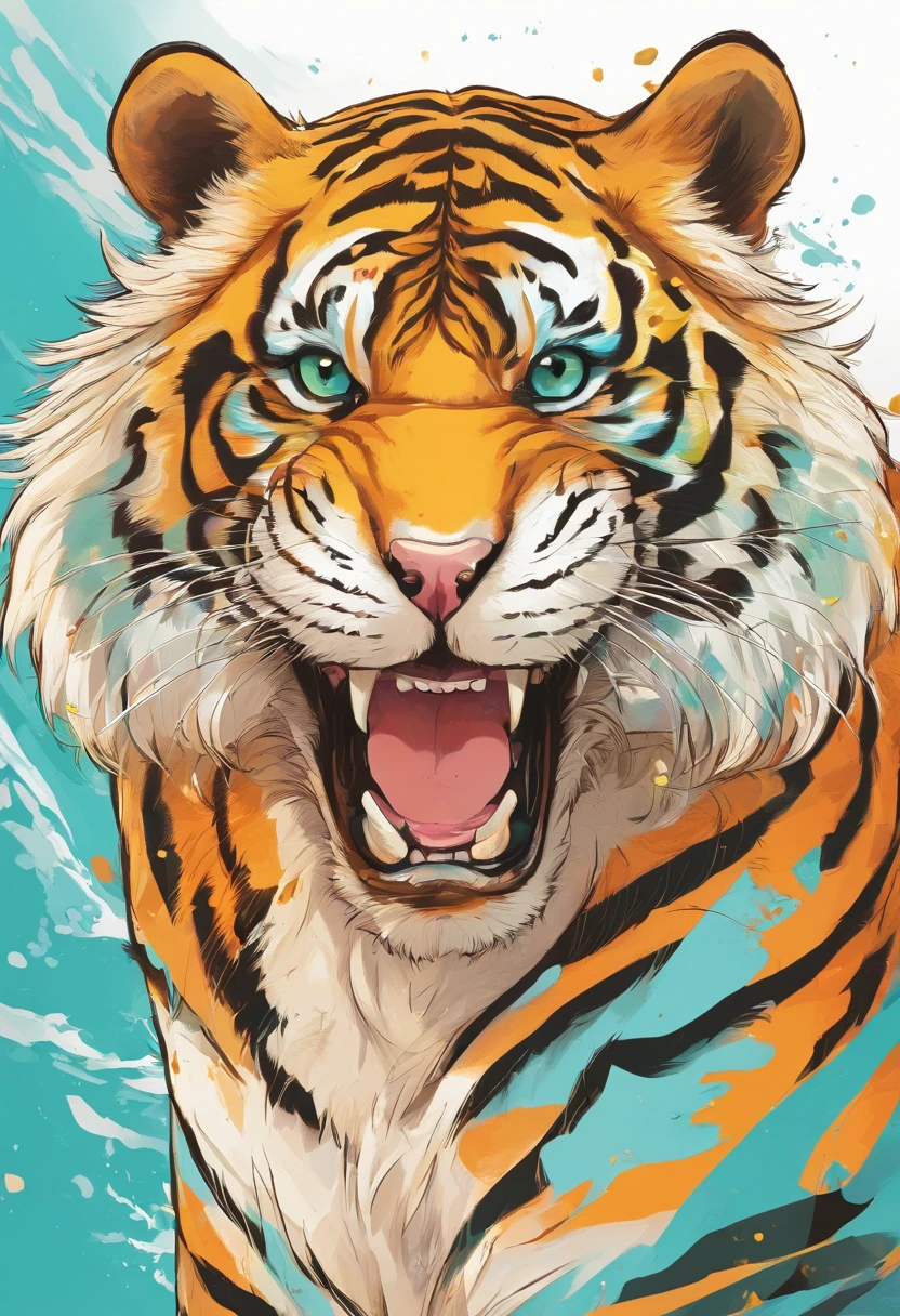 kawaii tiger，white background，flat style，in the style of digital painting，light cyan and light amber，contest winner，32k uhd，playful caricatures，furry art，bold，manga-inspired characters--ar3：4