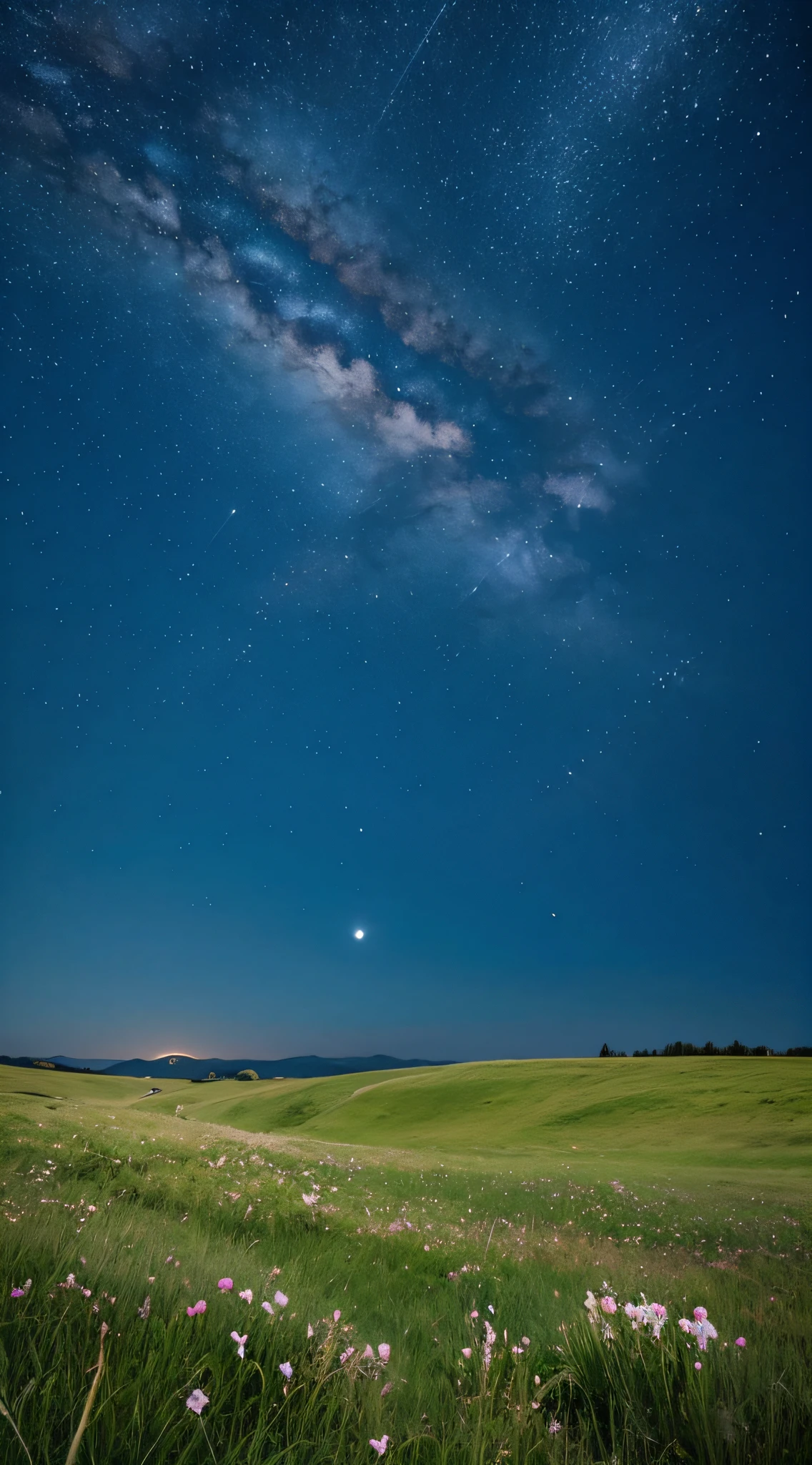 beautiful night,Enchanting sky,Flowers in the grassland,Fantastic scene,real photograph,starrysky,themoon