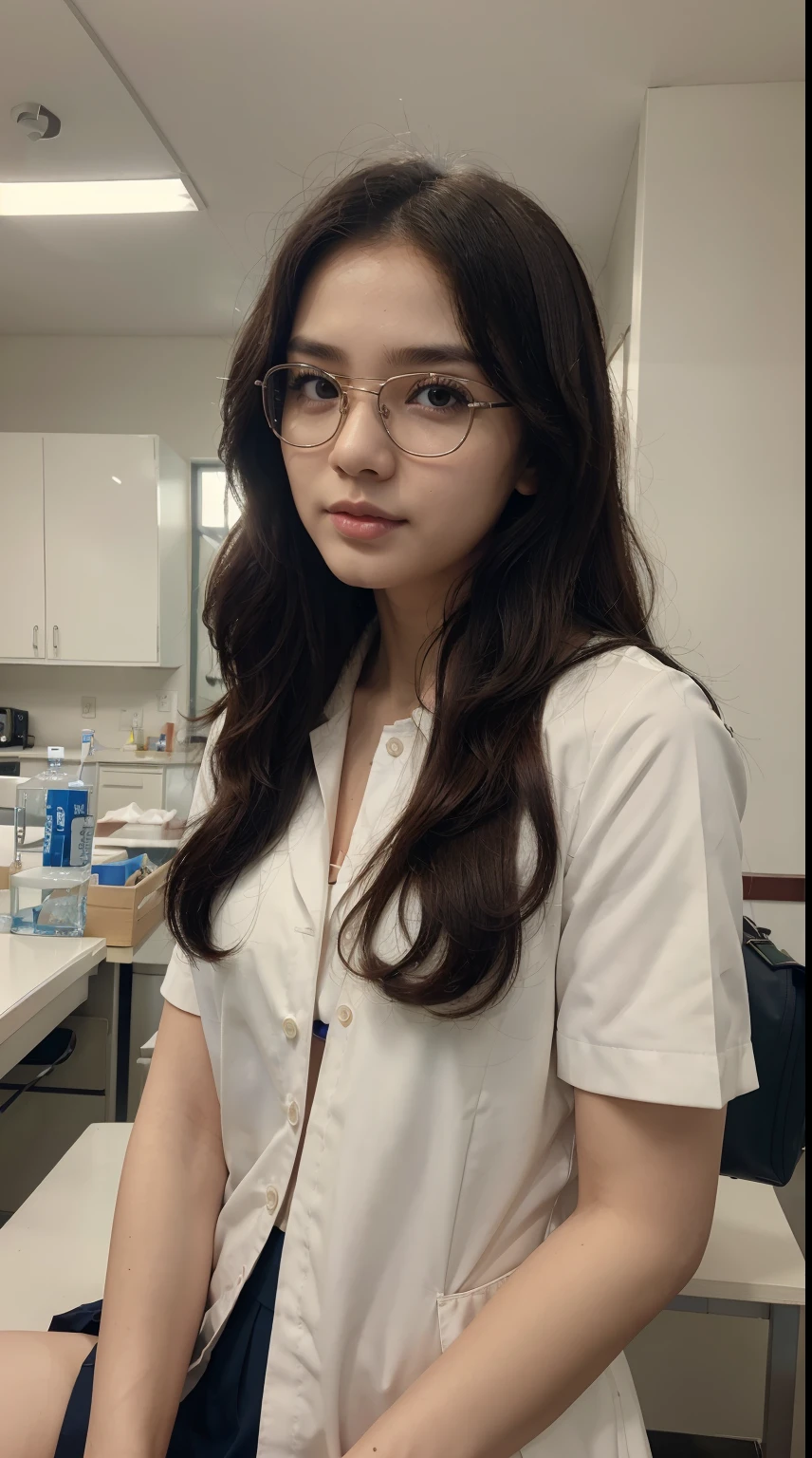 (Best Quality, 8k, 32k, Masterpiece, UHD:1.3), (kpop idol:1.3), 1 Girl, (short wavy hair), (wearing indonesian high school uniform), Ultra Detailed Face, Detailed Lips, Fine Eyes, double eyelids, (aroused:1.5)) , wearing laboratory clothes school, laboratory clothes school, wearing glasses, wearing school bag, on laboratory , perfect poses, wearing shoes, bag full of books, laboratory practice, doing laboratory practice