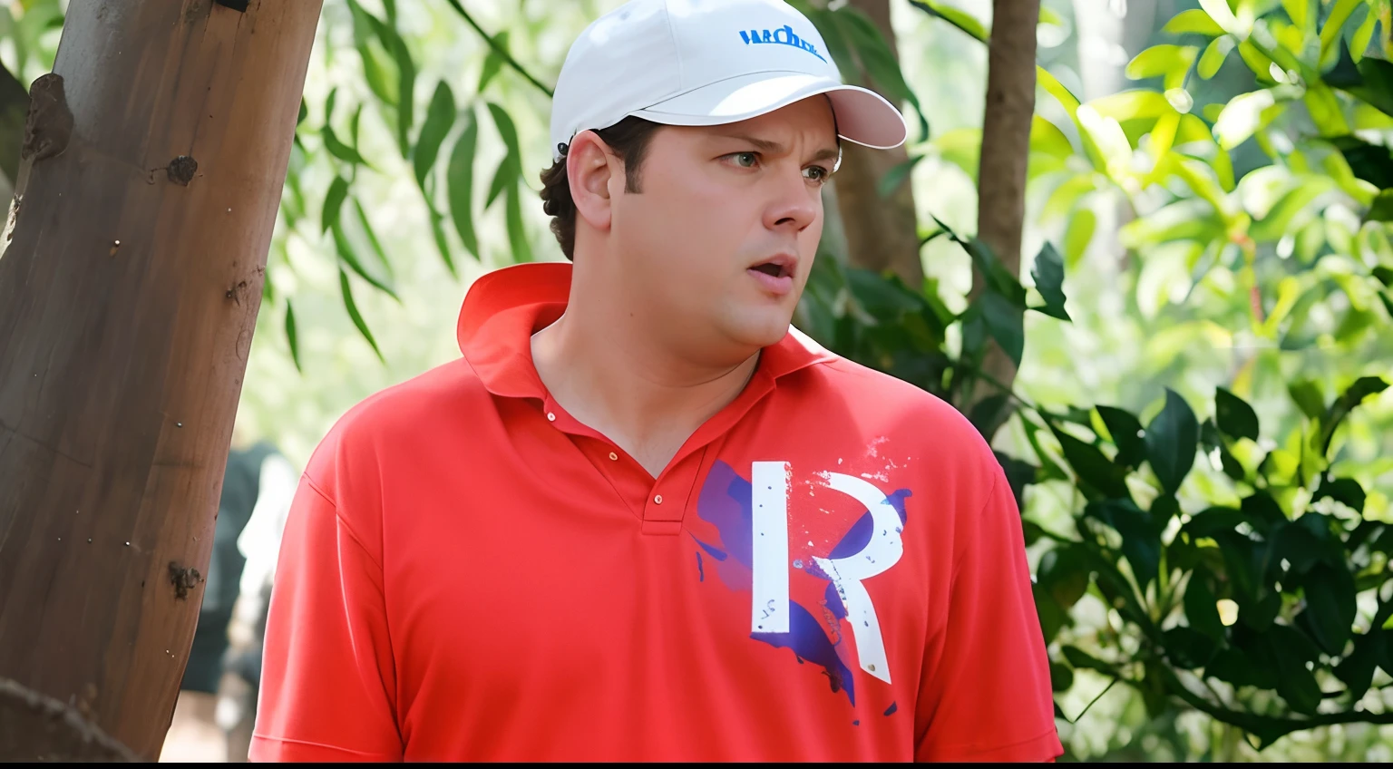 There is a man wearing a red shirt and a white hat, Vince Vaughn 飾 Jack Fenton, David Ríos, Andy Richter, Eduard Rucha, alex miranda, Wren Wilson, raphael personnaz, Realistic fantasy, bogdan rezunenko, daniel richter, photorealistic film still, aleksander rostov, production still, Josh Grover, screenshots from movies