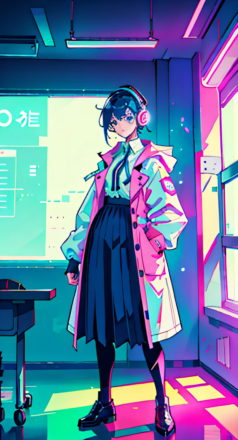 The background is the classroom，Anime girl, eyes blue，Tall and tall，Martin boots，Smooth face shape，Wear a school uniform and a long skirt,Trench coat，Hands in pockets Neon blue hair and pink,, Faraway view, Neon-style full shot, Cool pose，Computer，Wearing tech headphones，lectern，classroom desk，pens，Vertical composition，8k ultra high definition