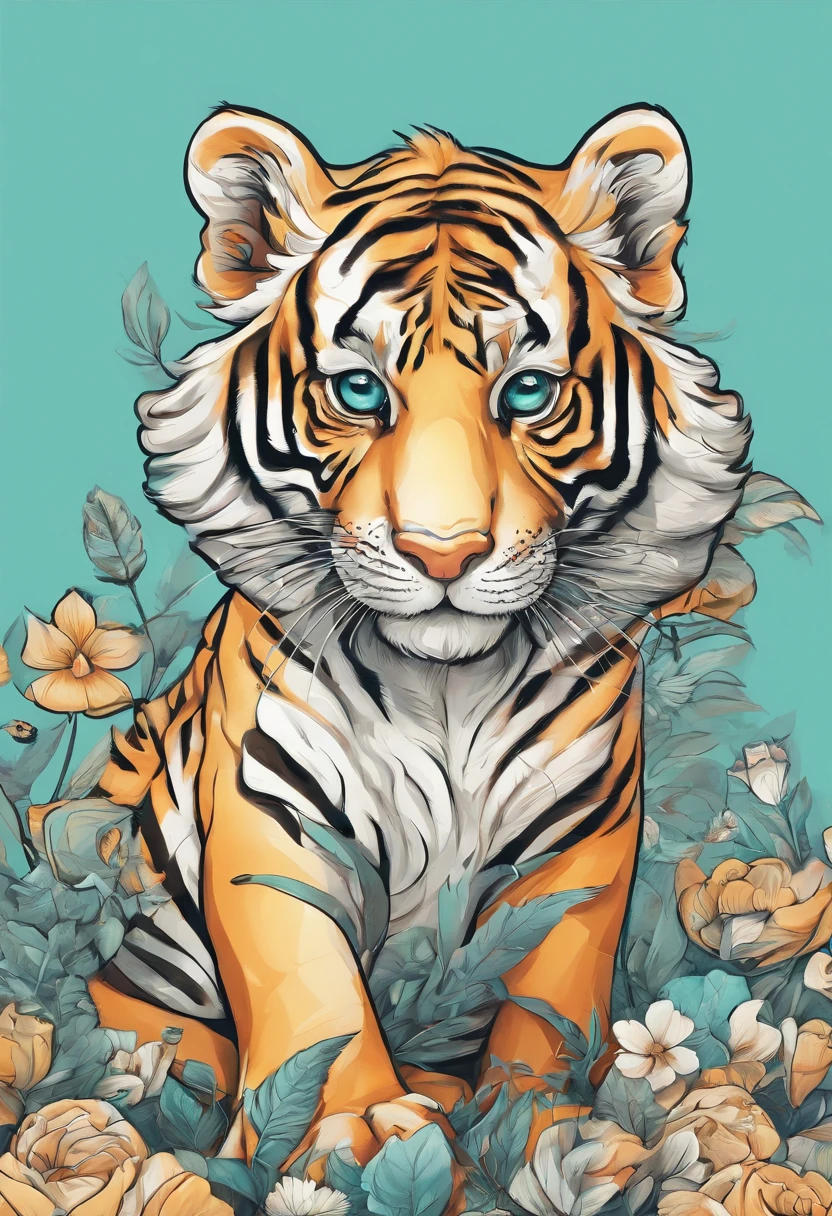 kawaii tiger,white background,flat style,in the style of digital painting,light cyan and light amber,contest winner,32k uhd,playful caricatures,furry art,bold,manga-inspired characters--ar3:4