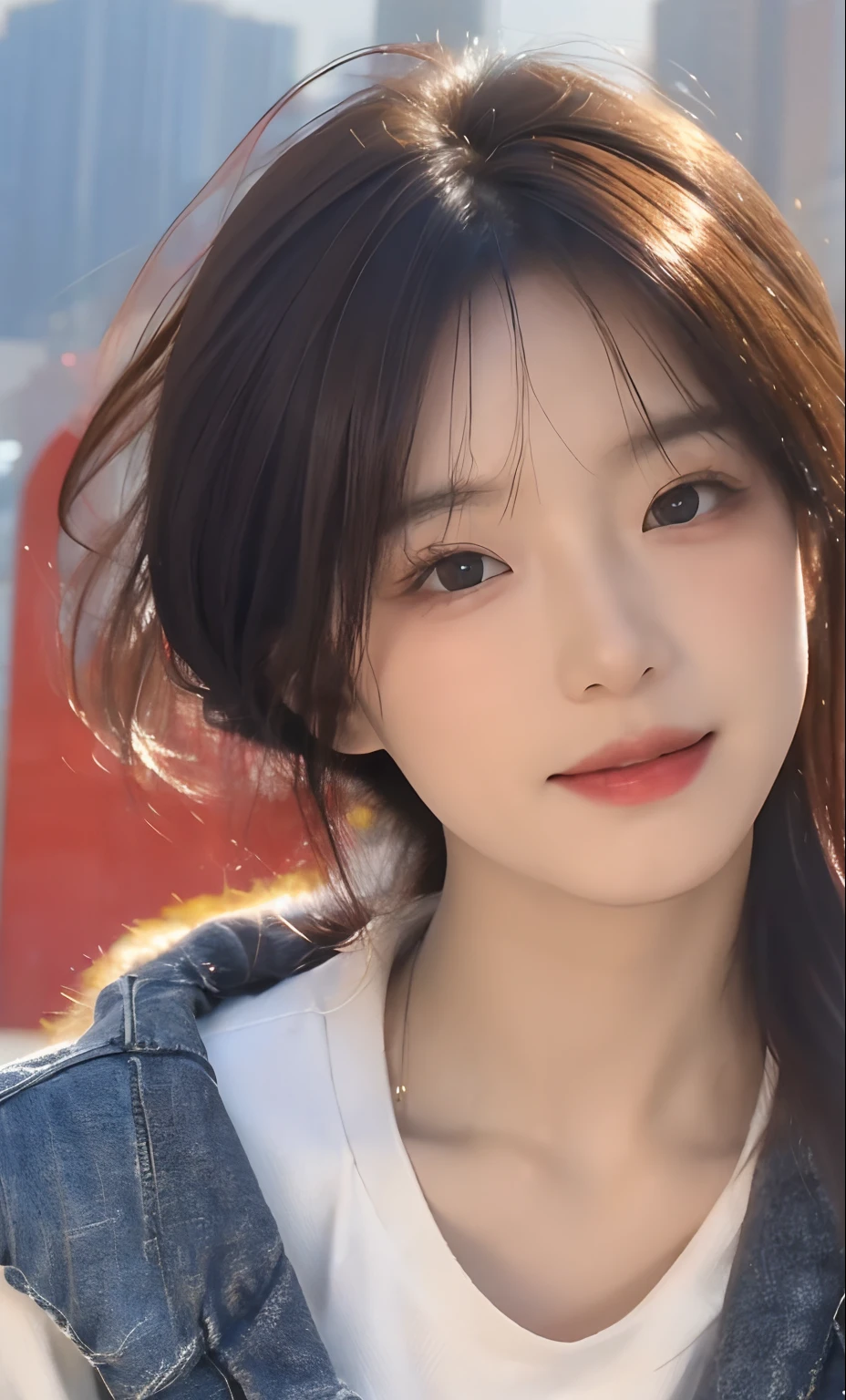 (top-quality、8K、32K、masterpiece、nffsw:1.2)、(Slouched:1.3)、crouching down、(From above:1.2)、(a closeup:1.4)、POV、Loose-fitting T-shirt、large full breasts、(beautiful nipple slips:0.9)、outside of house、the wind、shinny skin、blurry backround、in mountains、Woman posing as a model in、Gravure photography、( Tall gravure model), dark brown hair, Professional Lighting, Photon mapping, Radio City, (high-detail skin: 1.2), hyperdetailed face, Detailed lips, Detailed eyes, Double eyelids,、A smile