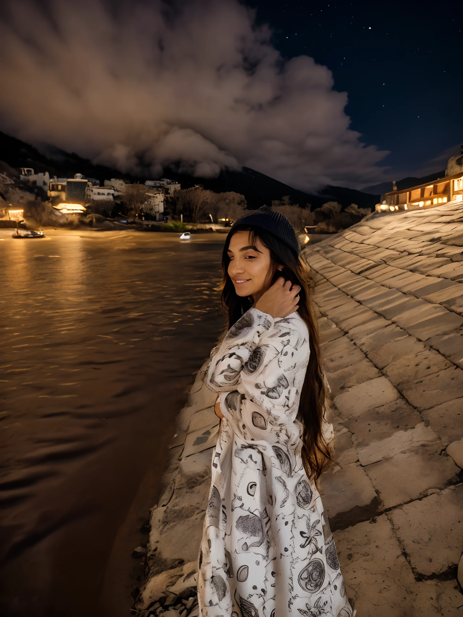 photorealistic, best quality, hyper detailed, beautiful woman, selfie photo, upper body, solo, wearing pullover, outdoors, (night), mountains, real life nature, stars, moon, (cheerful, happy), sleeping bag, gloves, sweater, beanie, flashlight, forest, rocks, river, wood, smoke, fog, clear sky, analog style, looking at viewer, skin texture, film grain, close up, ultra high res, best shadow, RAW, instagram LUT