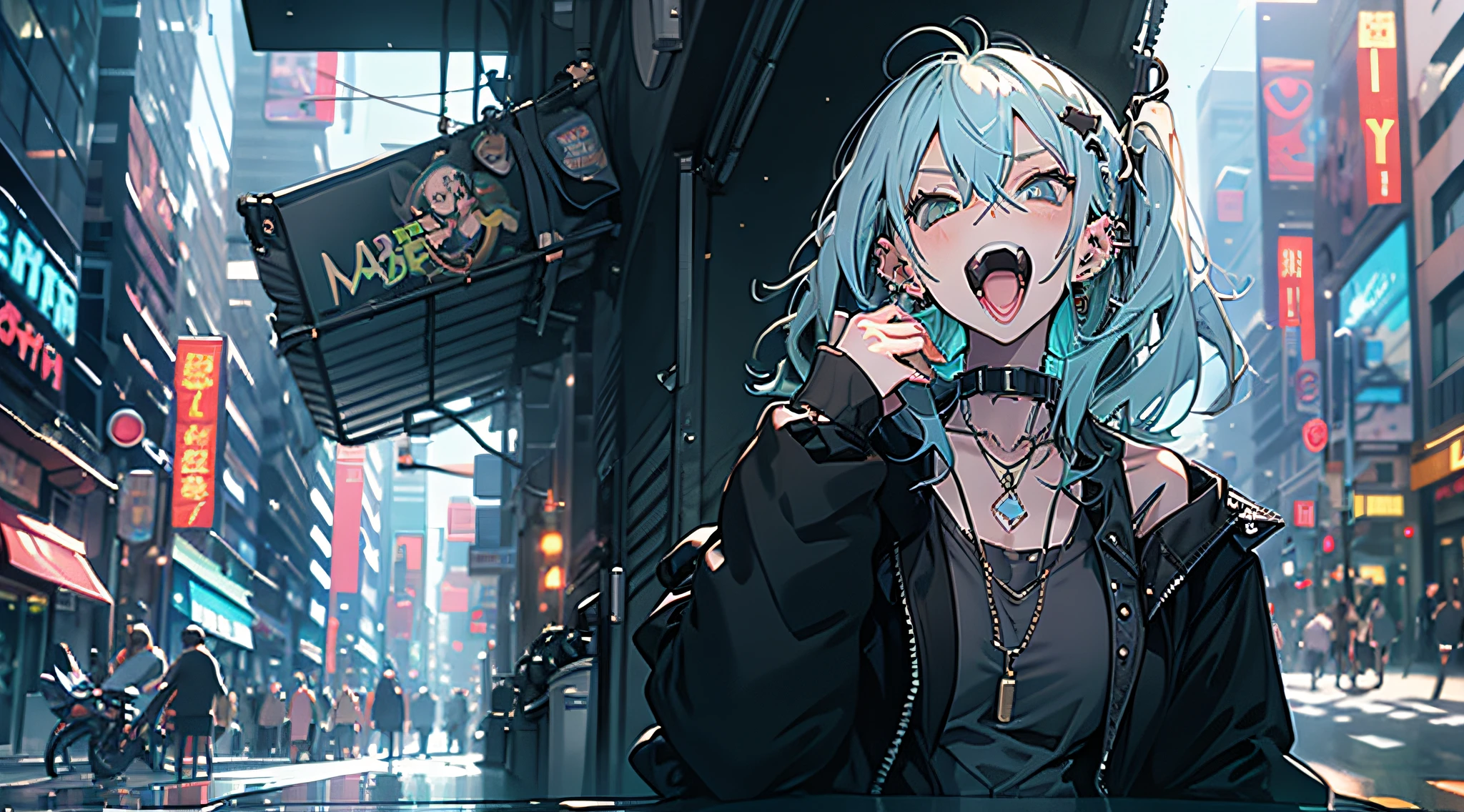 Girl with greenish-blue hair and big breasts、Wear an open blouse、Leaning against the wall while drinking an energy drink in the downtown area at dusk.