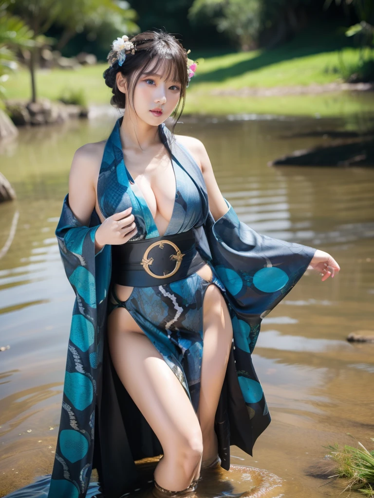 Female idol covered in snakes(Kimono with slit)、Looks fun、full body Esbian、Dark light blue、wet lands