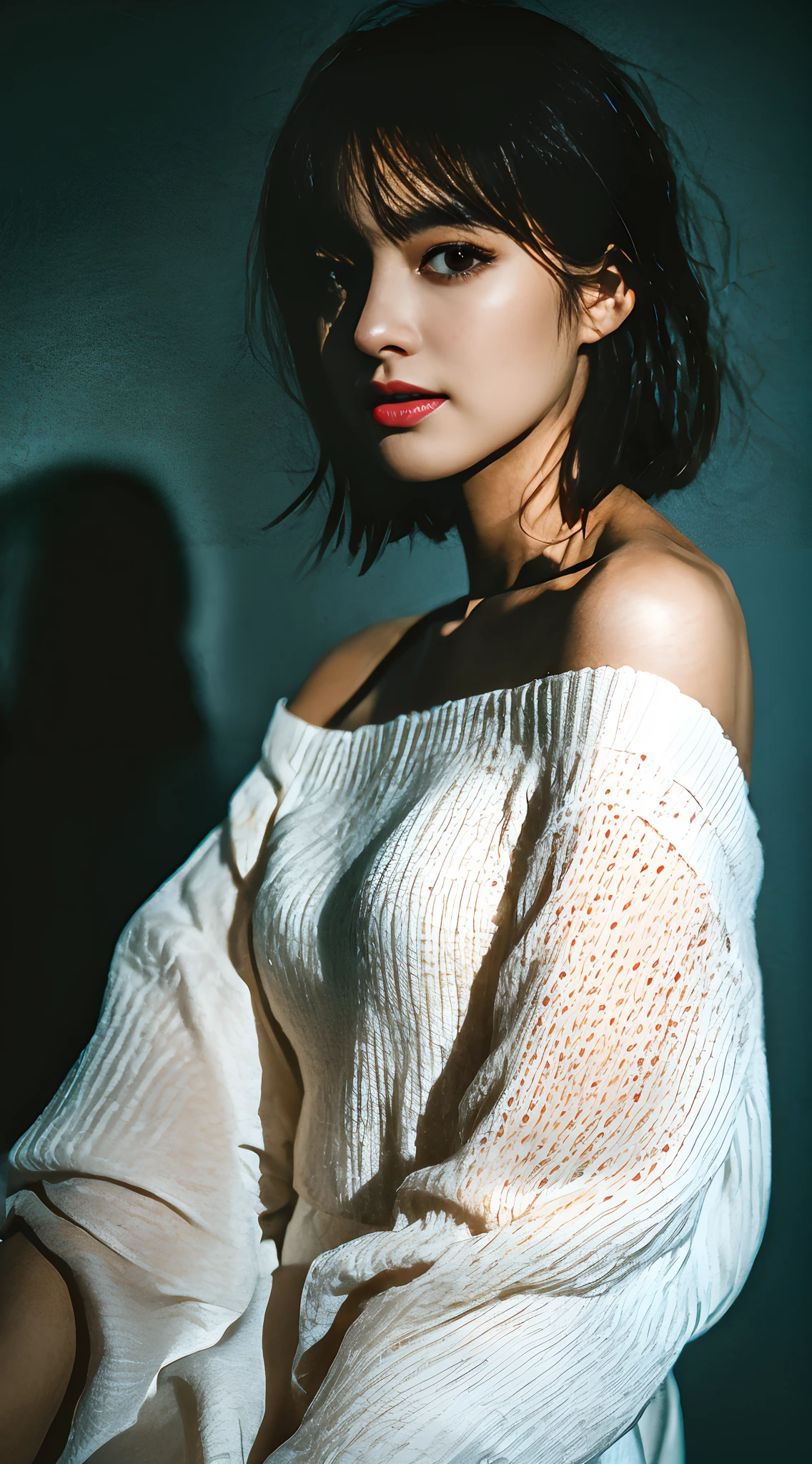 Best quality, masterpiece, ultra high res, (photorealistic:1.5), raw photo, 1girl, puff sleeve off shoulder knit, in the dark, deep shadow, low key, cold light, sexy look, short hair