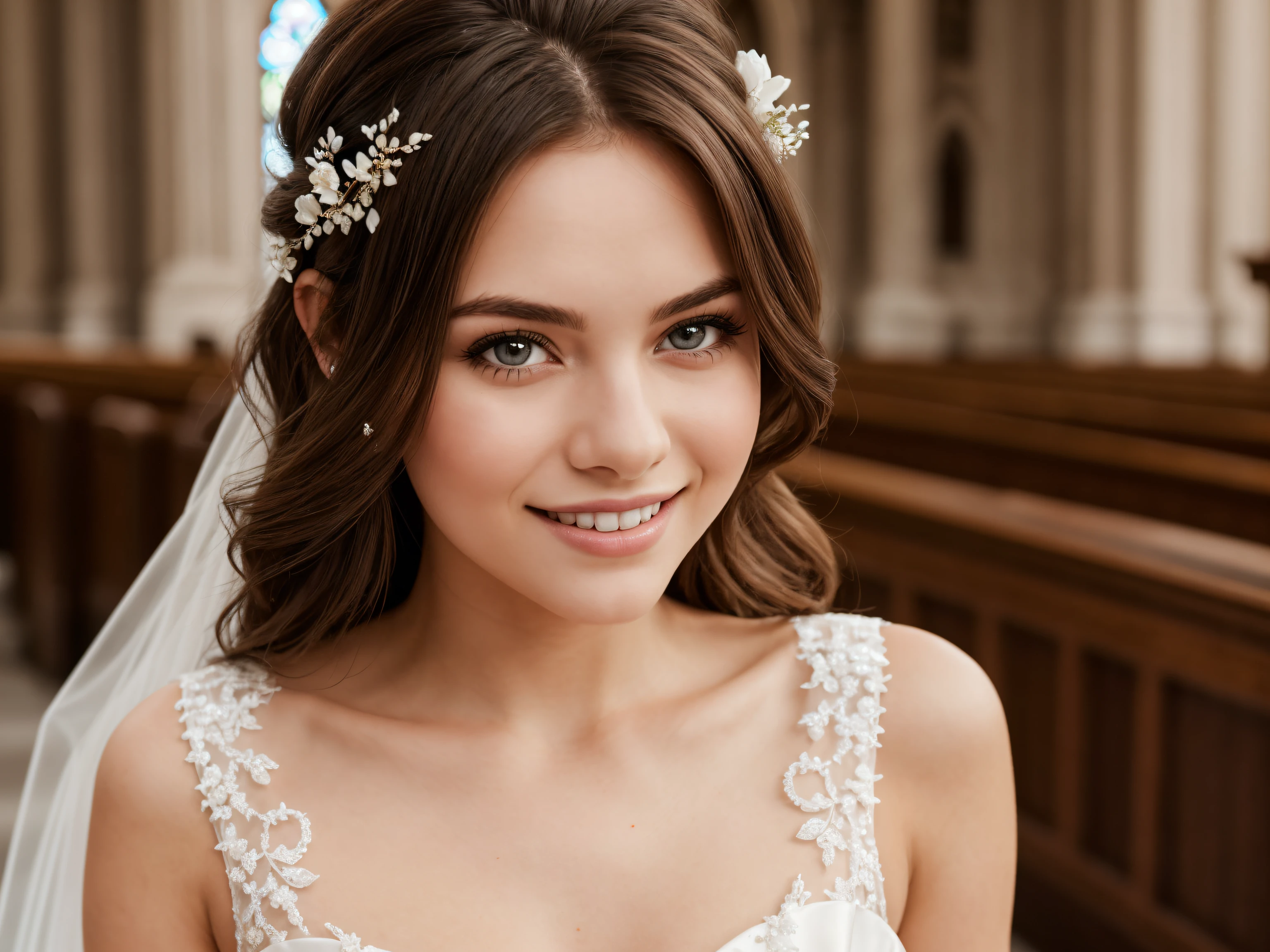 (close-up editorial photo of 20 yo woman, brown hair, slim russian sweetheart), high contrast eyes, ultra detailed skin, skin pores, vellus hair, wearing a weading dress, holding flowers, looking really happy, Blurred background of a church, high quality, good lighting, f1.2, Canon 85mm, pefect, detailed dress, white wedding dress, detailed sticking.