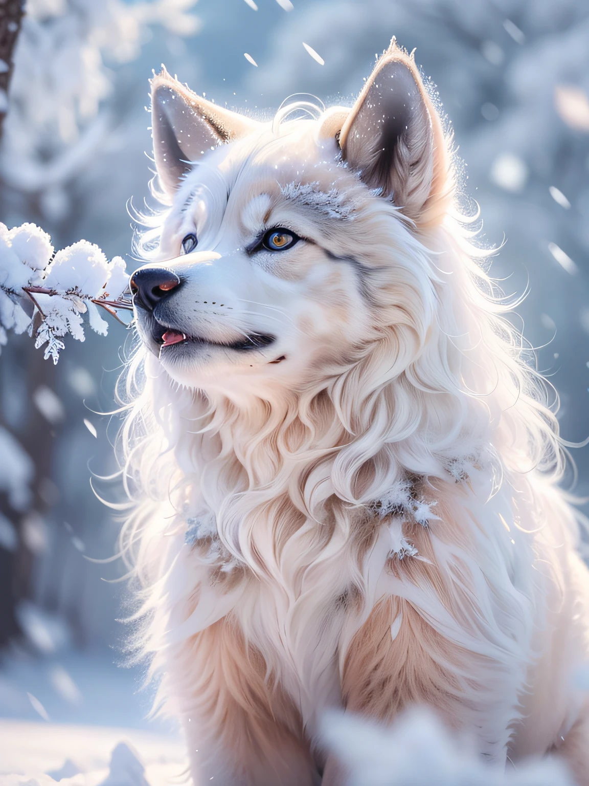 (Best quality,4K,8K,A high resolution,Masterpiece:1.2), Ultra-detailed, (Realistic,Photorealistic,photo-realistic:1.37),Magical nature，nature scenes，Award-winning photography，perfect compositions，（blue-sky，Snowy mountains in the distance，Thick snow），（Cute snow wolf cub under a big tree，hairy pubic，），（（（There are many trees that are frozen，Close-up of rime，Giant rime trees，Many rime trees，Crystal clear rime））），