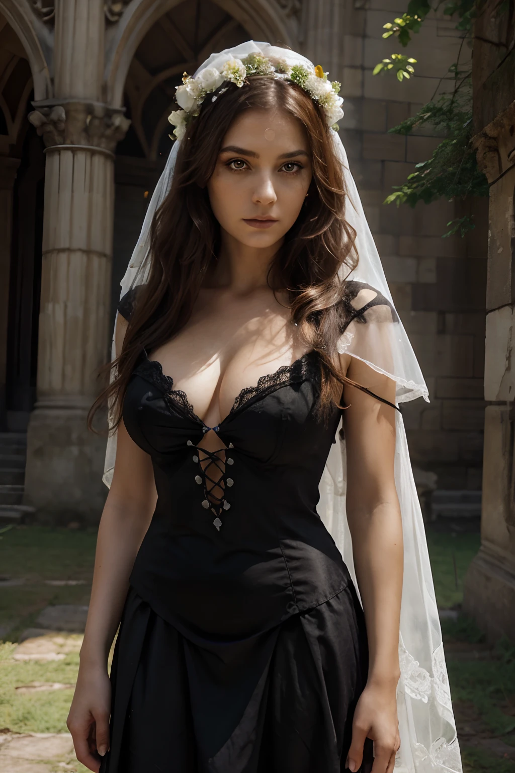 Hint: Beautiful Gothic European-Spanish girl, bridal veil, face art depicting a skull in the form of a spider web, a wreath of flowers on her head, dressed in an archaic lace dress, open neckline, large bulging bust, white-orange makeup, shiny eyes looking into the camera, brown hair, epic, fantasy, abandoned archaic hall in the background, digital art, fantasy art, unreal engine 5
Negative hint: bad anatomy, bad composition, ugly, poorly drawn hands, poorly drawn, poorly drawn face, out of