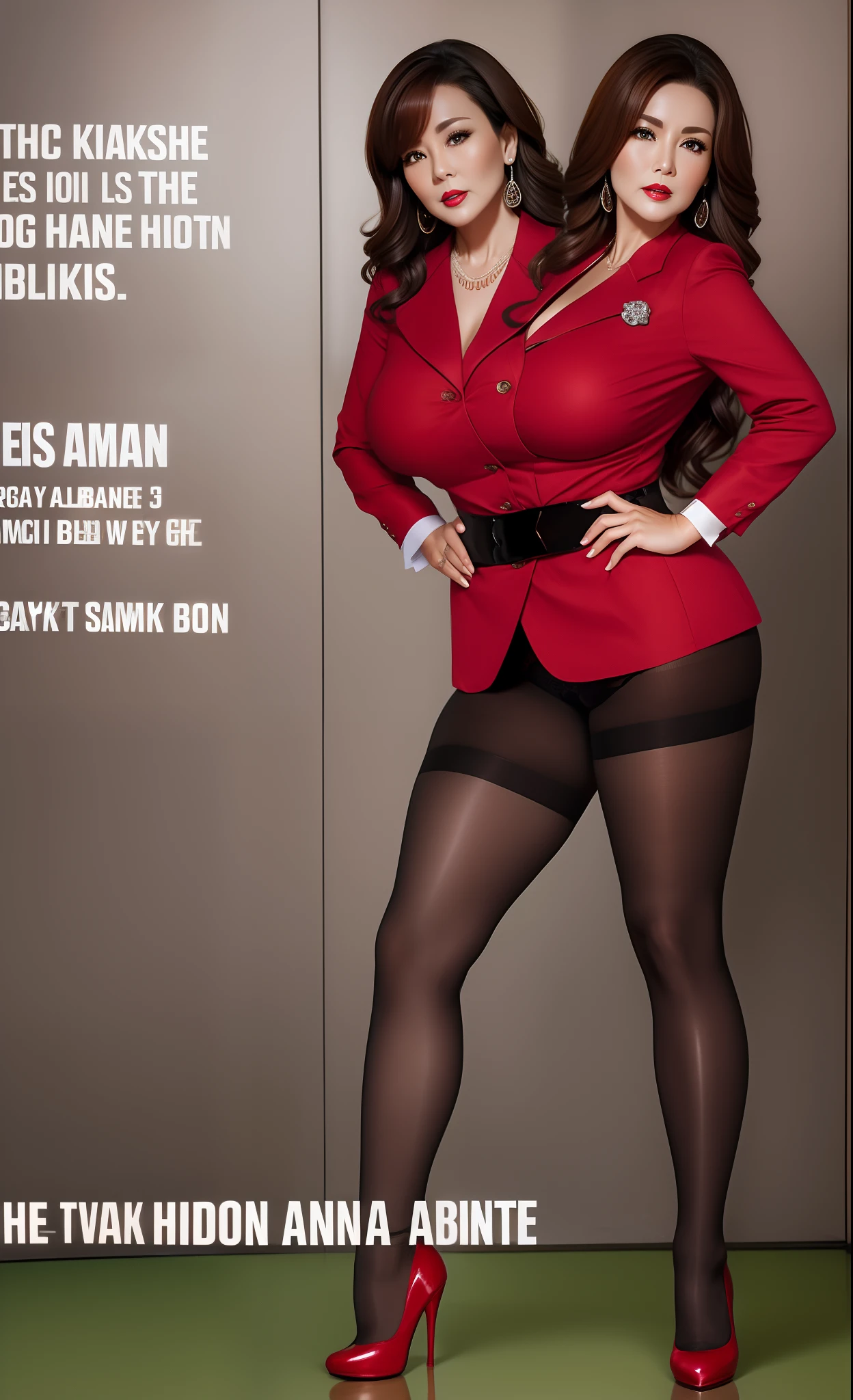 2 heads,Photo of a 50-year-old woman with brown hair, a captivating gaze, Brown eyes, Wrinkles on her face, Black pantyhose,Black High Heel Boots,She wears very sexy lingerie underwear、、Revealing her large sagging breasts, Light makeup and red lips. 32K