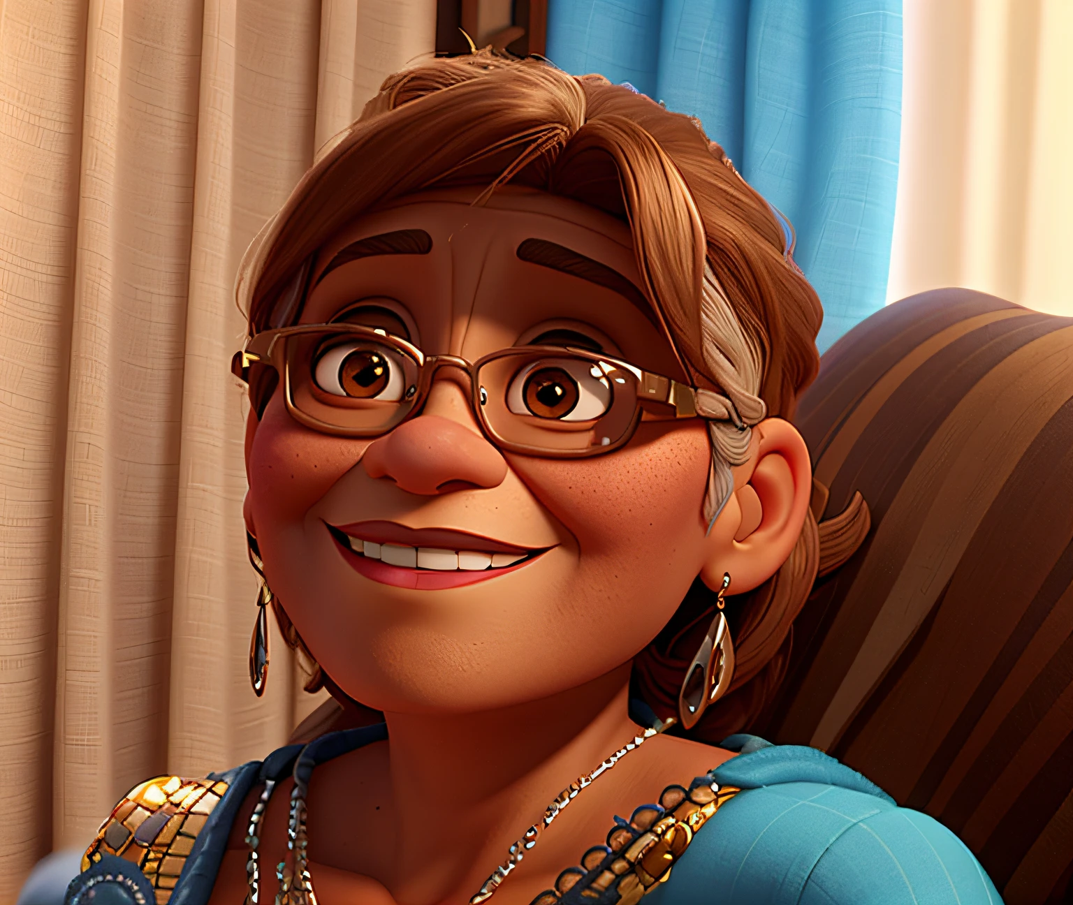 A movie poster inspired by the signature digital art style of Disney Pixar. 60 year old Brazilian lady, brown skin, with metal glasses with clear lenses