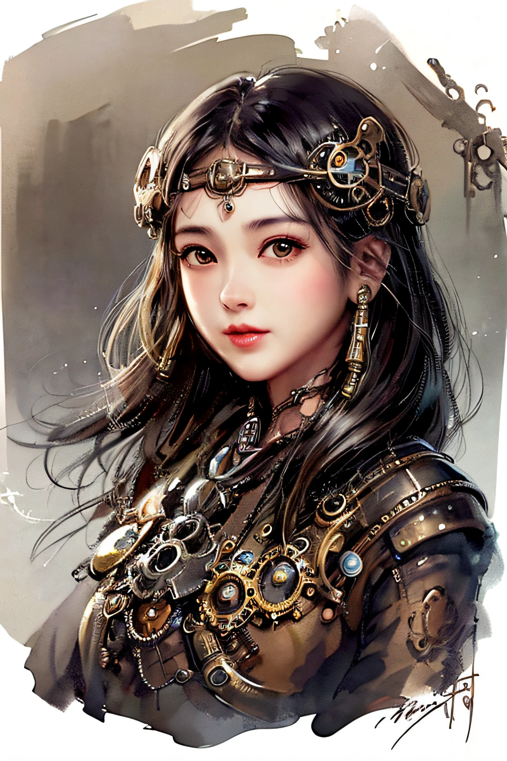 Stechu,(White background:1.4), (Tachie)), original,(illustratio:1.1),(Top image quality),(masterpiece:1.1),(Ultra detailed CG unified 8k wallpaper:1.1), (colourfull:0.9),(panoramic shot:1.4),(独奏:1.2), (Ink splashes),(color splashes),((watercolor paiting)), Clear Sharp Focus,{ 1 Girl Standing},((Korean style)),flowers background,plein air,boulders, looking at the viewers、make happy expressions、Soft smile、pure、Beautiful face and eyes、beautyfull intricacy clothing decorative pattern details、A dark-haired、black eyes、colorwater、(((((steampunc)))))