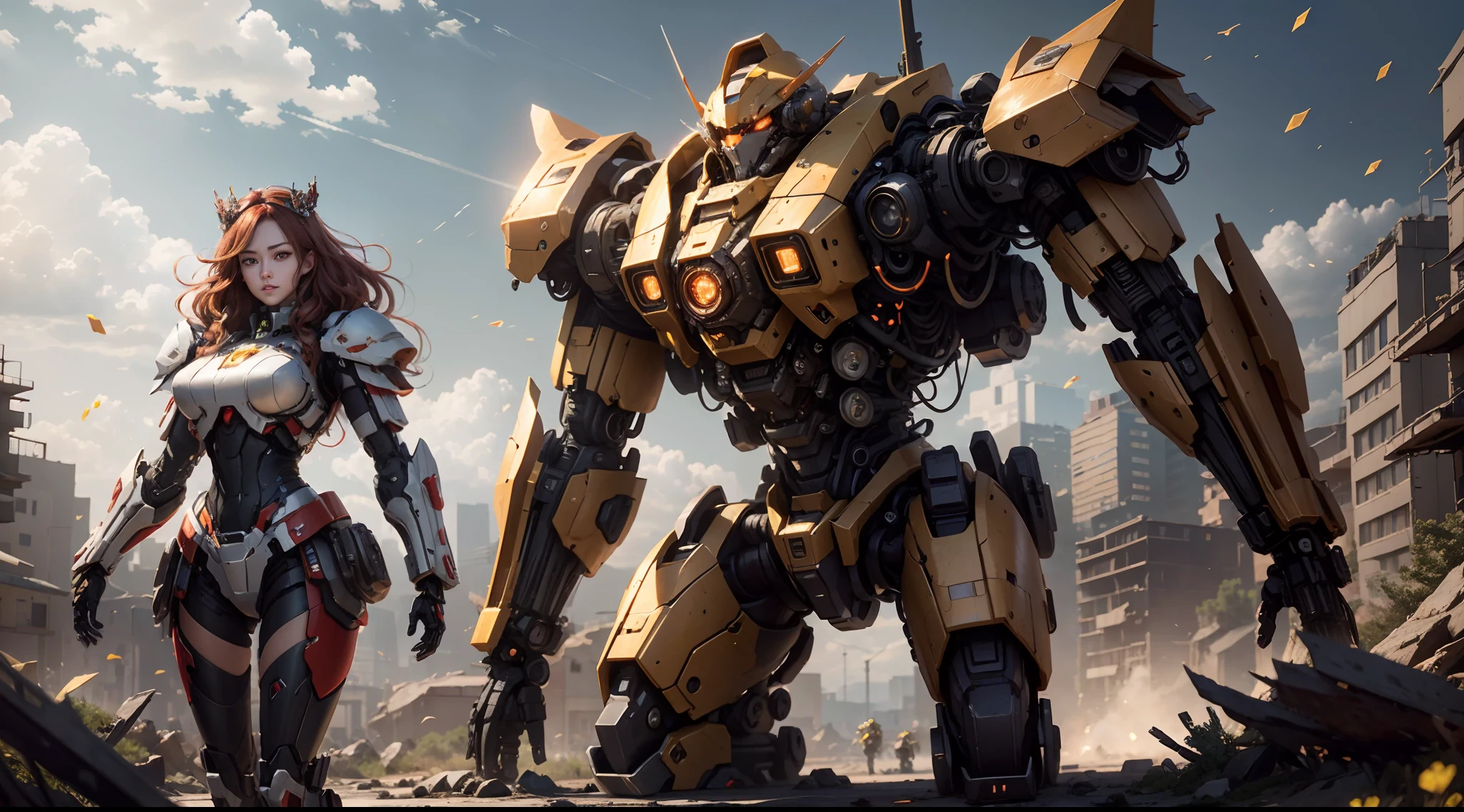 ((Best Quality)), ((Masterpiece)), (Very detailed: 1.3), 3D, Shitu-mecha, red background, Beautiful cyberpunk woman wearing crown with her mecha in ruins of a city in forgotten war, long red hair, sci-fi technology, HDR (High Dynamic Range), ray tracing, NVIDIA RTX, super resolution, unreal 5, subsurface scattering, PBR texture, post-processing, anisotropic filtering, depth of field, maximum sharpness and sharpness, multi-layer texture, Albedo and specular mapping, surface shading, accurate simulation of light-material interactions, perfect ratios, octane rendering, duotone lighting, low ISO, white balance, rule of thirds, wide aperture, 8K RAW, high efficiency sub-pixels, subpixel convolution, luminous particles, light scattering, Tyndall effect