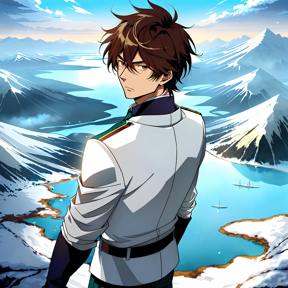 Anime image of a brown-haired man in a white suit and blue tie standing under a snowy mountain,by lake, Shinkai sincerely, New Xiangcheng, Honest, ryuta ueda artwork, offcial art, Anime handsome man, inspired by Hisui Sugiura, koyoharu gotouge, inspired by Okumura Togyu, hijikata toushirou, makoto kano