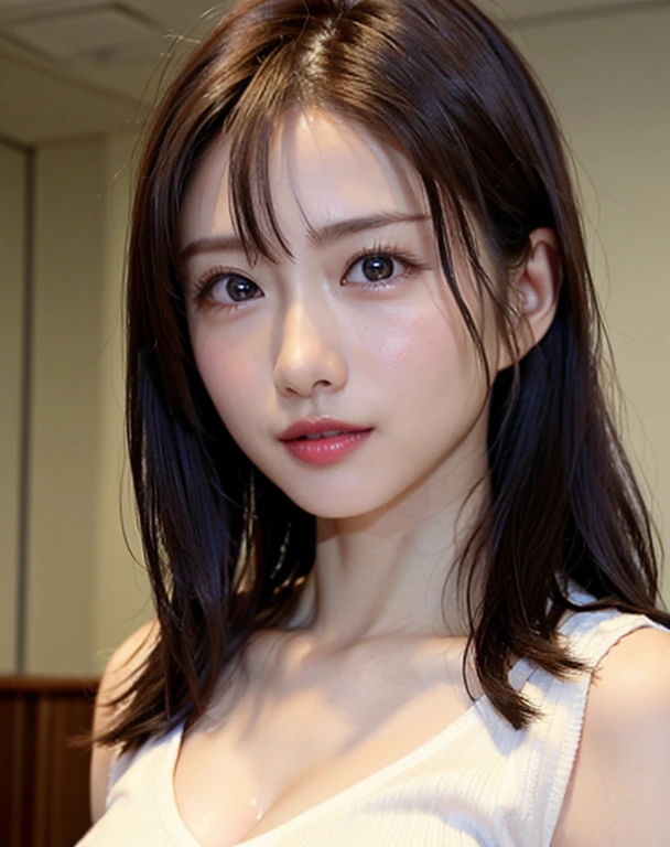 (in 8K, top-quality, ​masterpiece:1.2), (realisitic, Photorealsitic:1.37), ultra-detailliert, Natural sunlight, 1人、mideum breasts, I can see the cleavage, 1 persons, 25 year old woman, Dark hair, Pendants, Torn shorts, Light Knit V-Neck Shirt, At the time of performance, extremely detailed face and skin, A detailed eye, extremely detailed face and skin、(Beautiful abs:1)