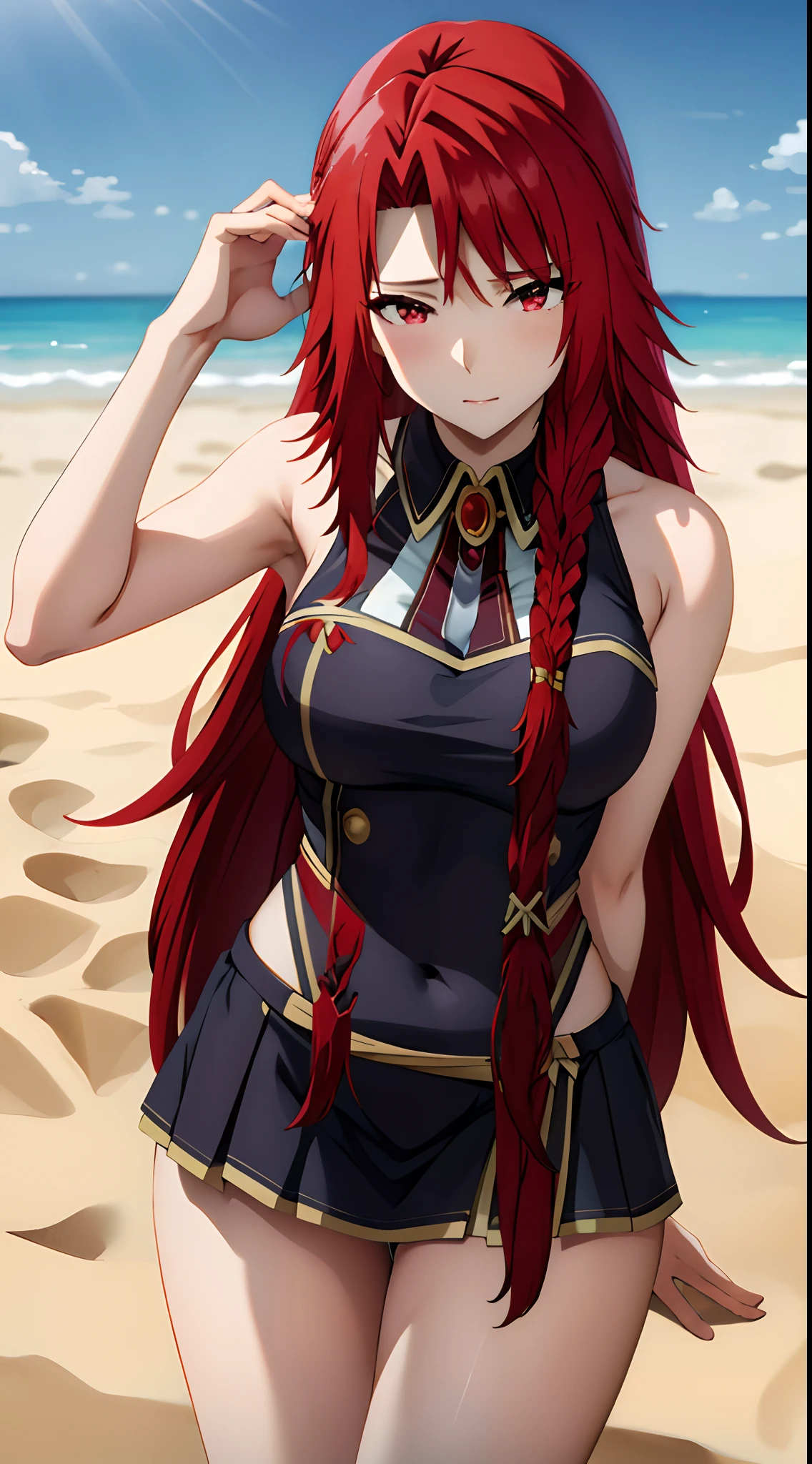 masterpiece, best quality, IrisMidgarV4, 1girl, solo, long hair, red eyes, braid, red hair,  swimsuit,