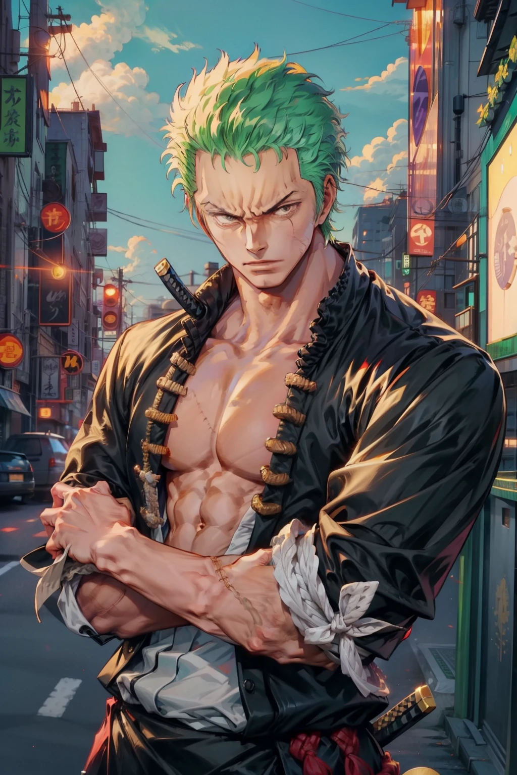 1man, minimalism, zoro roronoa, Eiichirō Oda, simple, vector, bodybuilder, city from background, scar across eye))