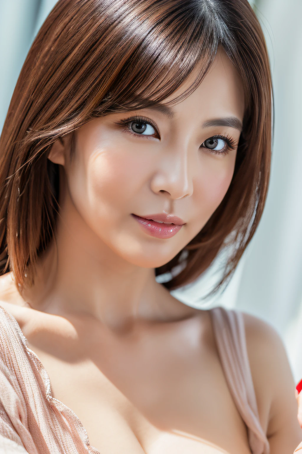 (top-quality,8K,masterpiece),Japan model looking at camera with hand on chin,40 year old woman, Bewitching beauty,(A detailed eye,Detailed lips,Detailed nose,Detailed skin,lipgloss),Colossal tits,Emphasizes cleavage,Painted from the waist up,Tempting,