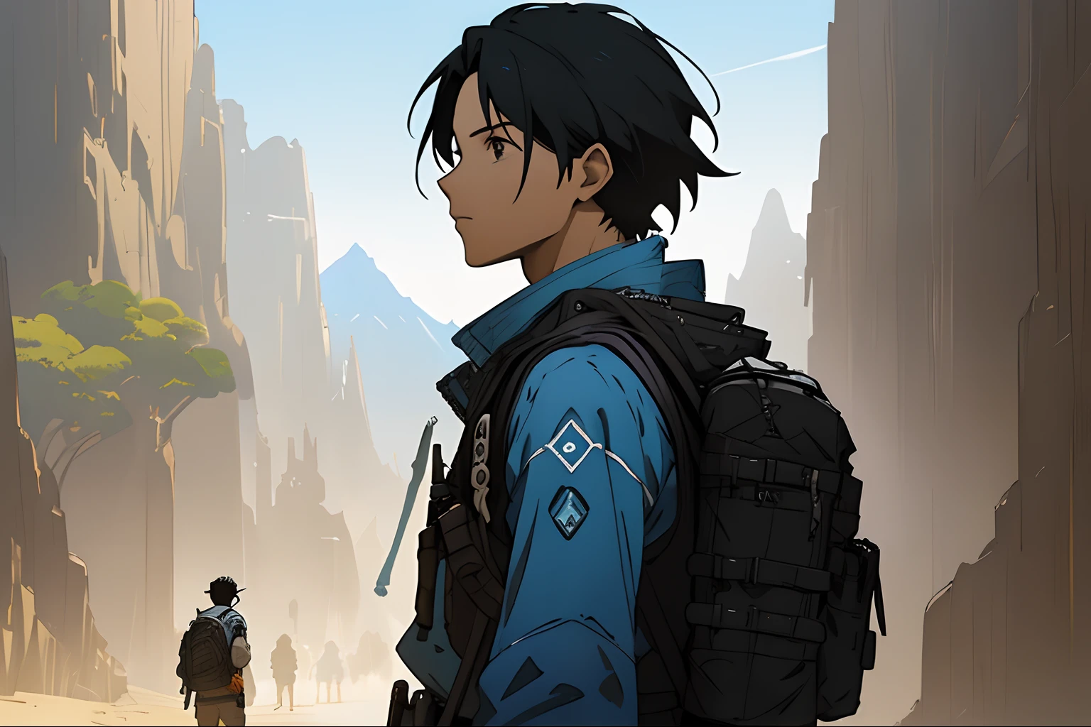 Un hombre con una mochila y una mochila caminando por una zona rocosa, Makoto Shinkai ( apex legends ), Ross Tran. scenic background, por Sylvain Sarrailh, Jett de Valorant, Artgerm y Atey Ghailan, por Yang J, Rob Rey y Kentaro Miura Style, Tendencias en ArtStation Pixiv