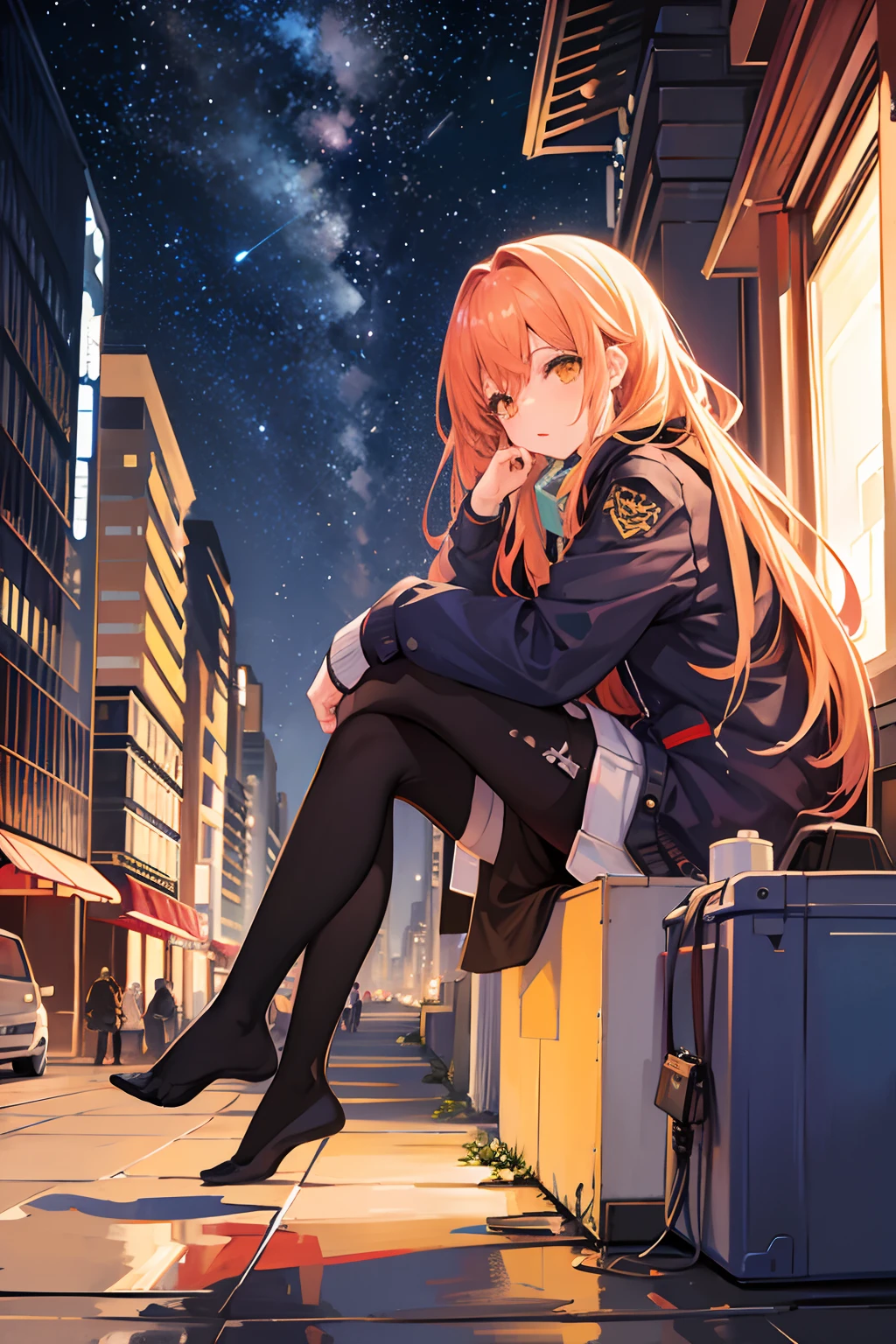 octans, sky, star (sky), scenery, starry sky, night, 1girl, night sky, solo, outdoors, building, cloud, milky way, sitting, tree, long hair, city, silhouette, cityscape