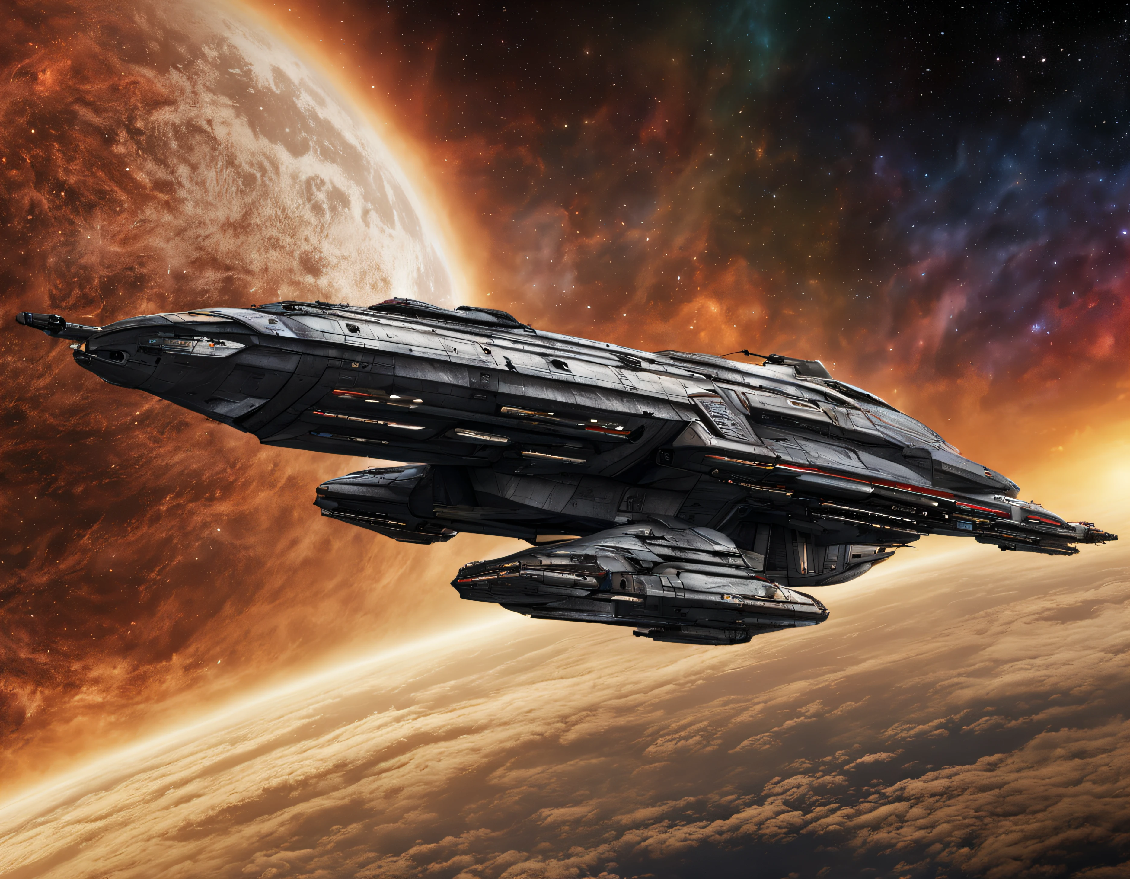 basado en la serie battlestar galactica). la flota de naves lideradas por la battlestar galactica, se desplaza por la nebulosa. con colores increibes del firmanento., todo lleno de imaginacion,ciencia ficcion y (intrincados detalles de la maquina).imagen fotorrealista,nitidez maxima, calidad 8k.(obra maestra de calidad superior). estilo cinematografico.