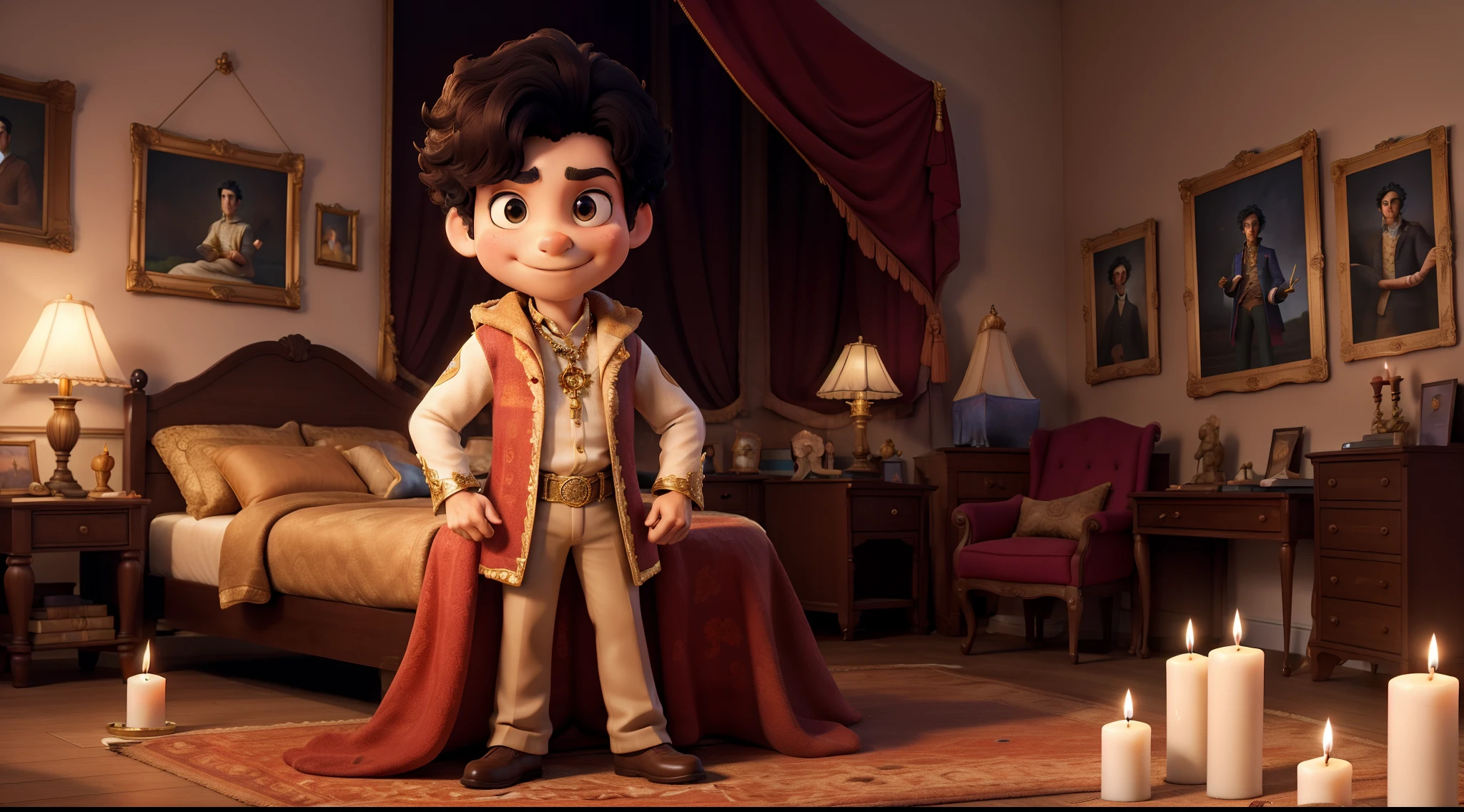 prince, proud, face lit, bedroom, strong, candles, paintings, tapestries