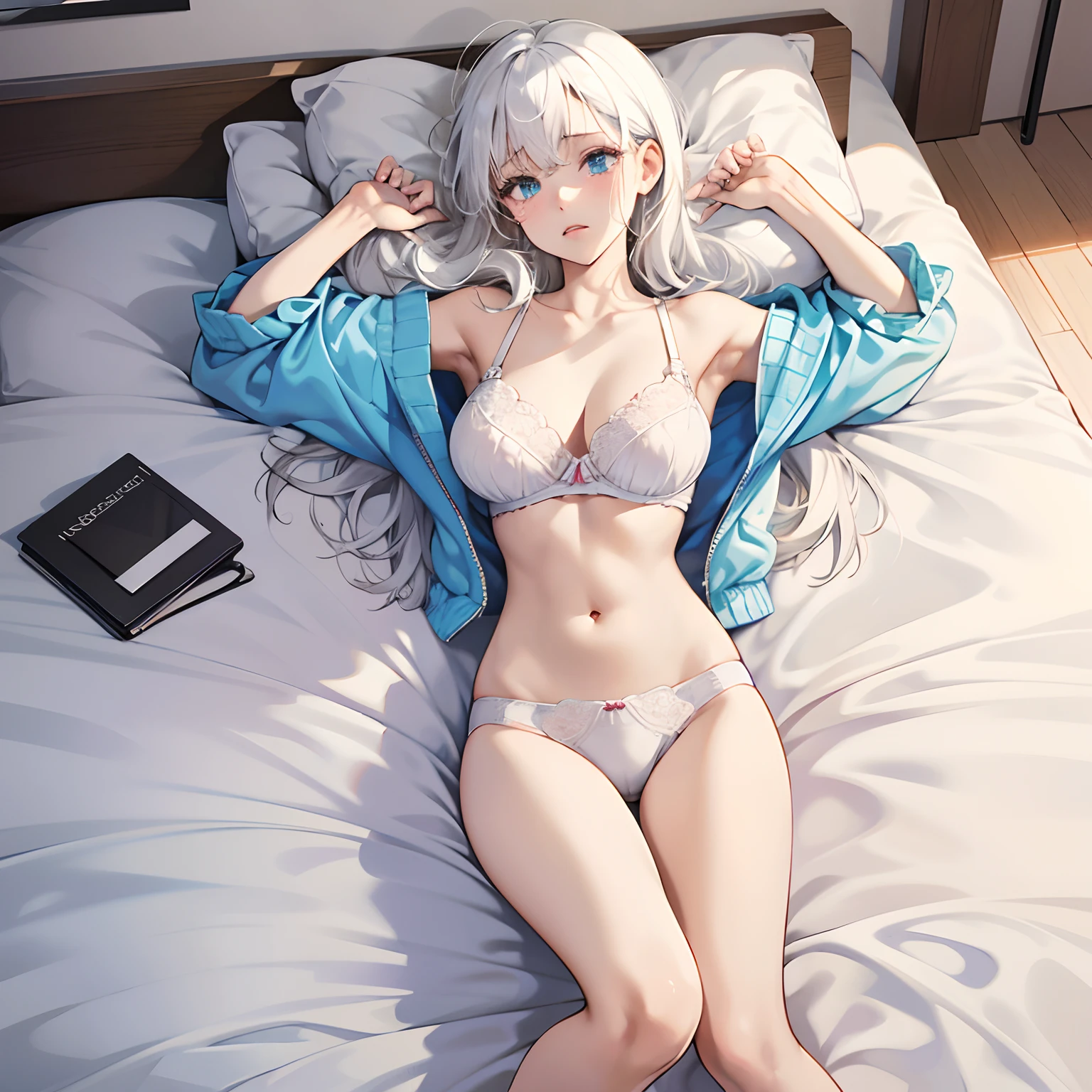 masutepiece, Highest Quality, hard disk, Solo, Modest, Indoors, The bra is misaligned, Side straps, Lying down, From above, Arms open, The thighs are moderately wide apart, healthy, bed, Messy transparent underwear, Heavy breathing, Sex Expressions, 20 years old, White hair, Spilled milk、Crying face、huge tit