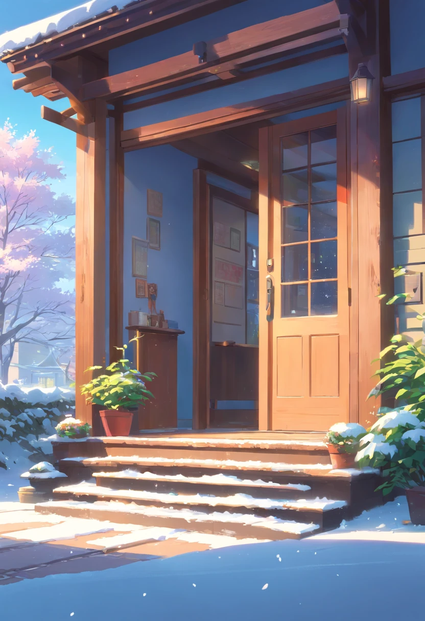 porch,In the middle of the picture is the door frame,The left side of the door frame is outdoors in the snow,To the right of the door frame is an interior shoe cabinet,There are no characters,3D, 8K, Highly detailed, digitial painting, ,illustration, art, 3D style Pixar animation, friendly,